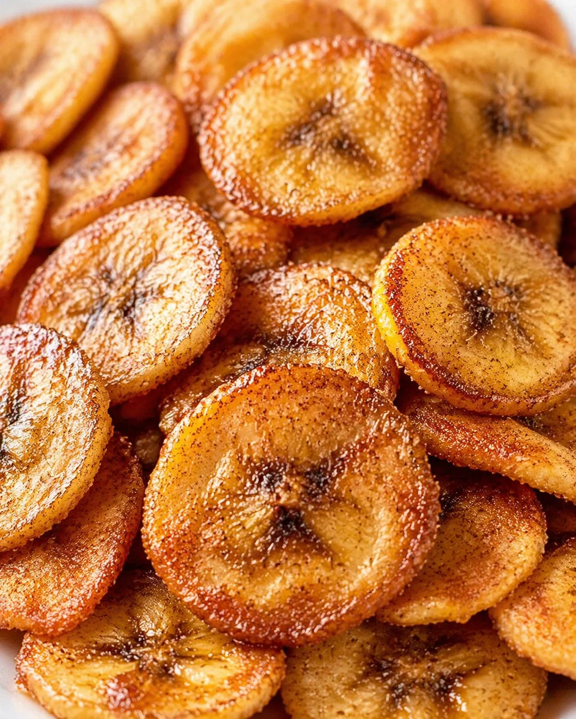 Final plated Cinnamon-Sugar Air Fryer Banana Chips served as a hero shot