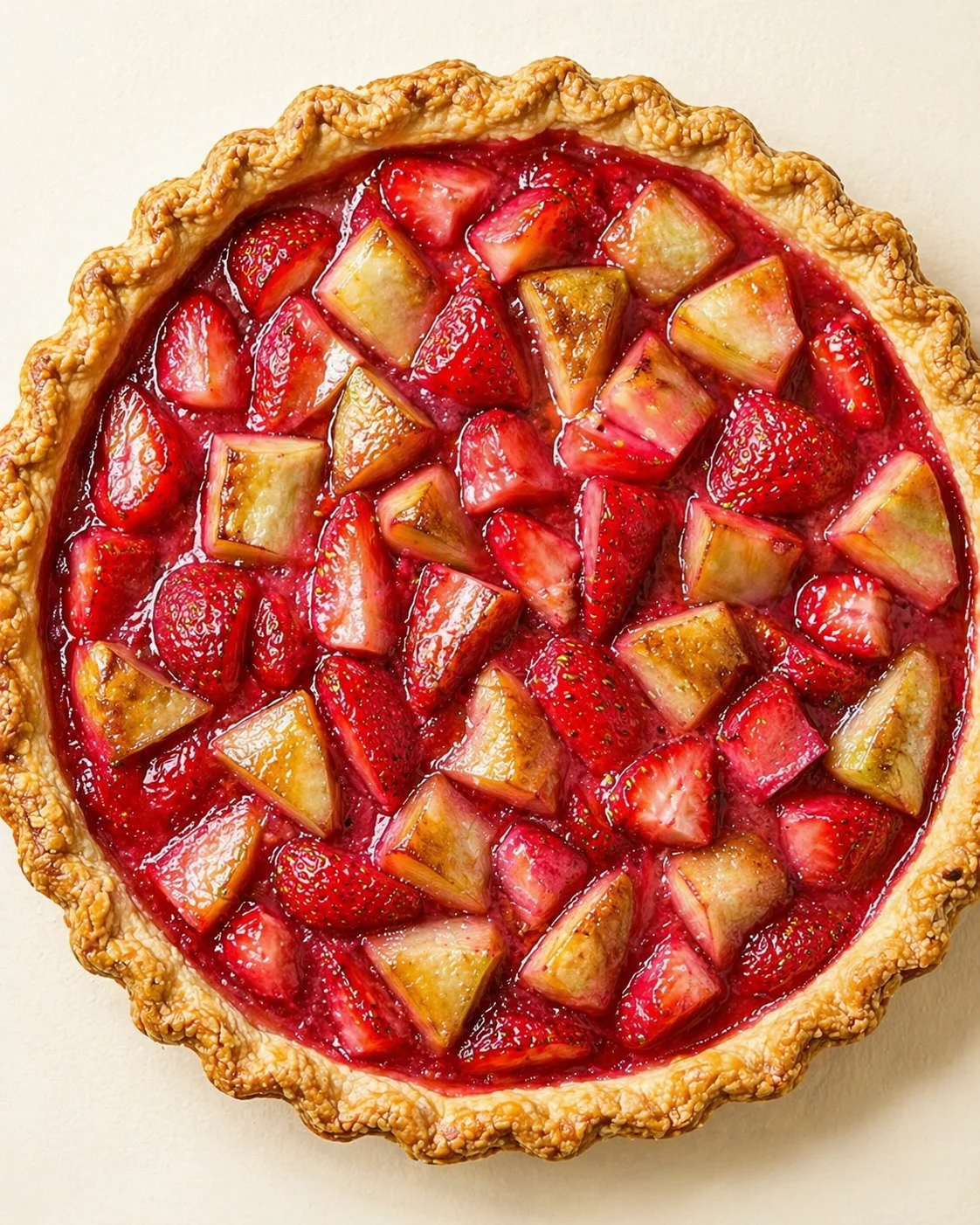 Straight-down overhead view of Strawberry Rhubarb Tart - yumrecettes.com