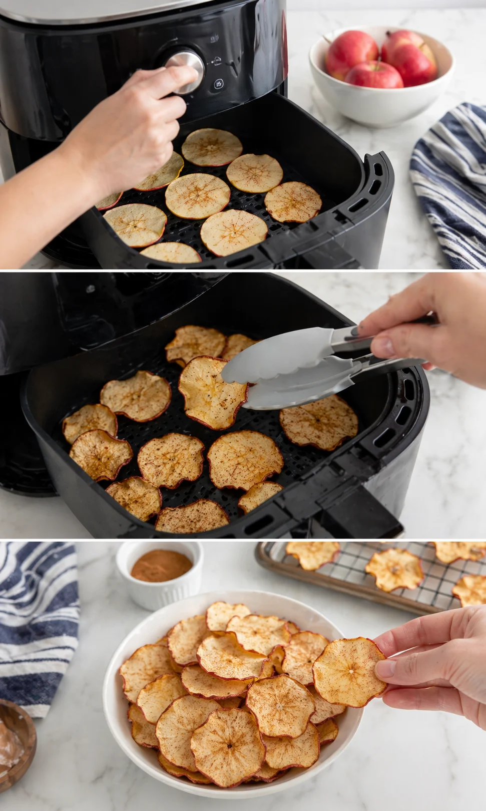 Collage showing apple slices in a black air fryer and a bowl of finished chips.