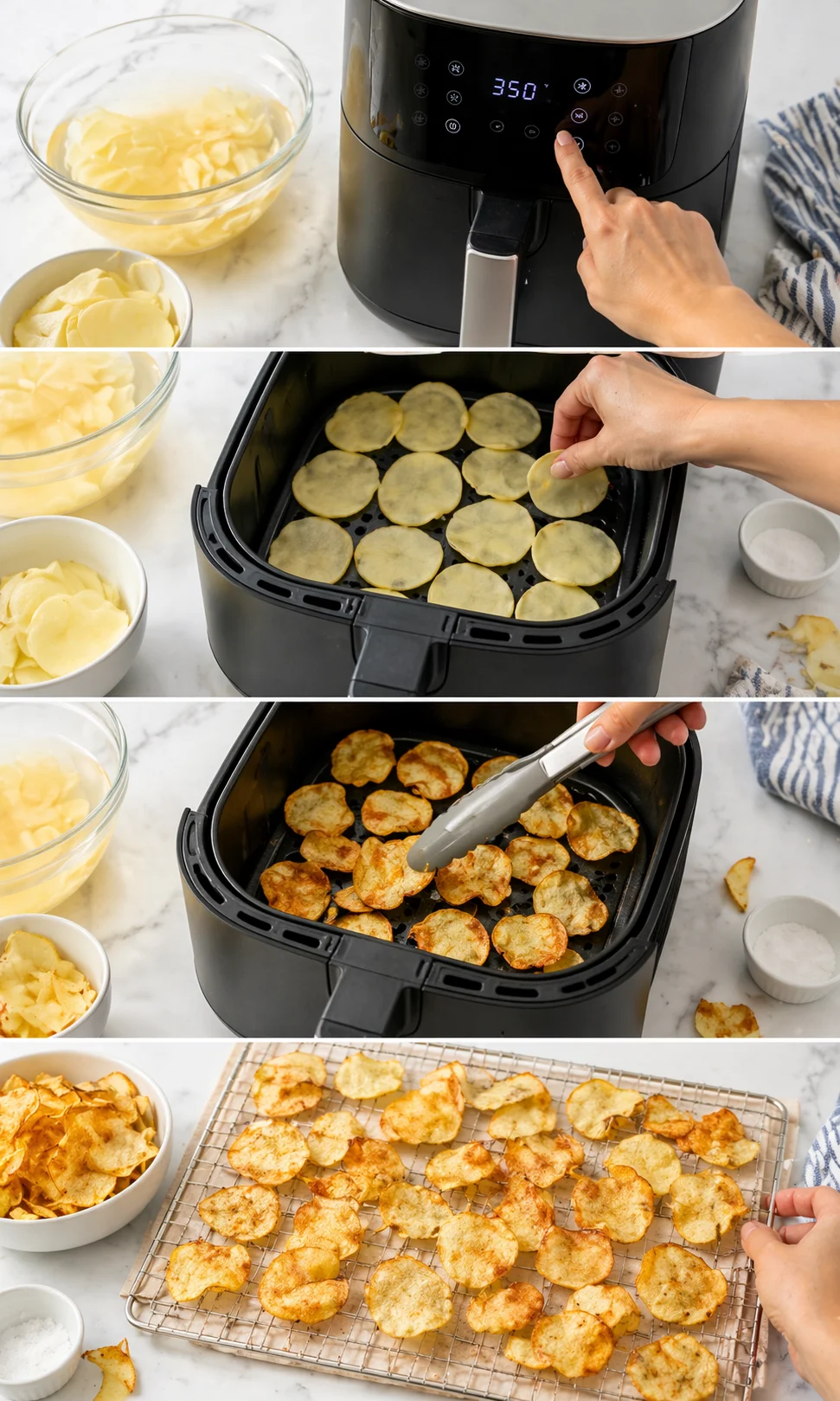 hand pressing air fryer button while bowls of potato slices and a rack of golden chips are shown