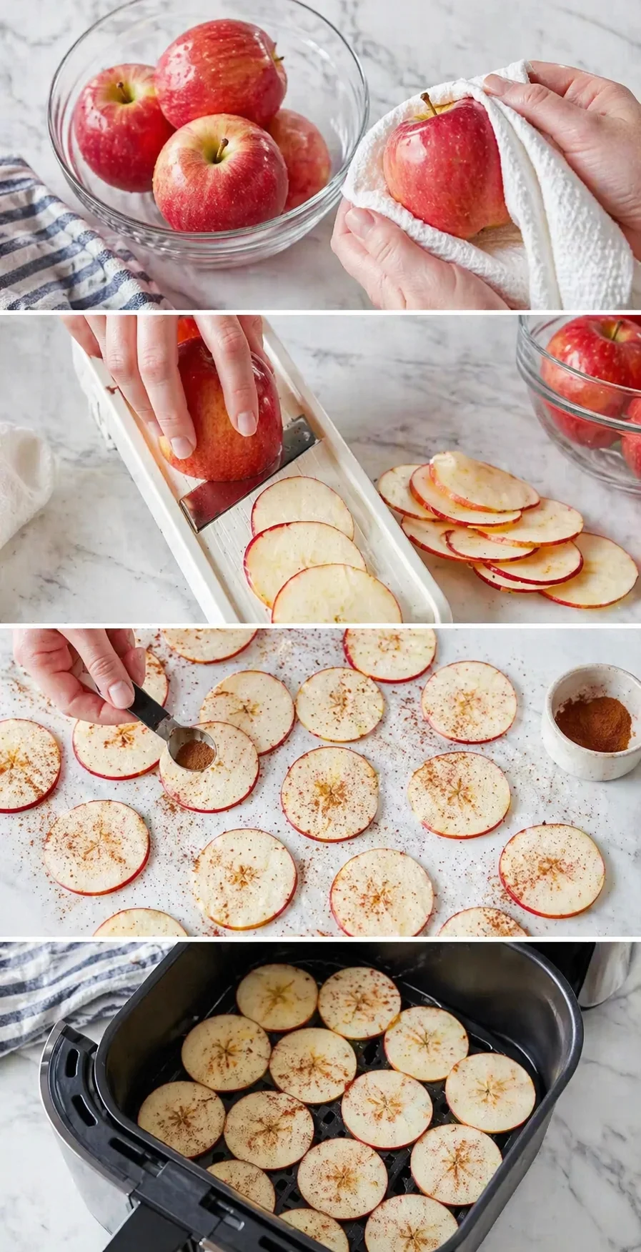 A bright kitchen collage showing apples being washed, sliced, seasoned with cinnamon, and arranged on a tray for dehydration.