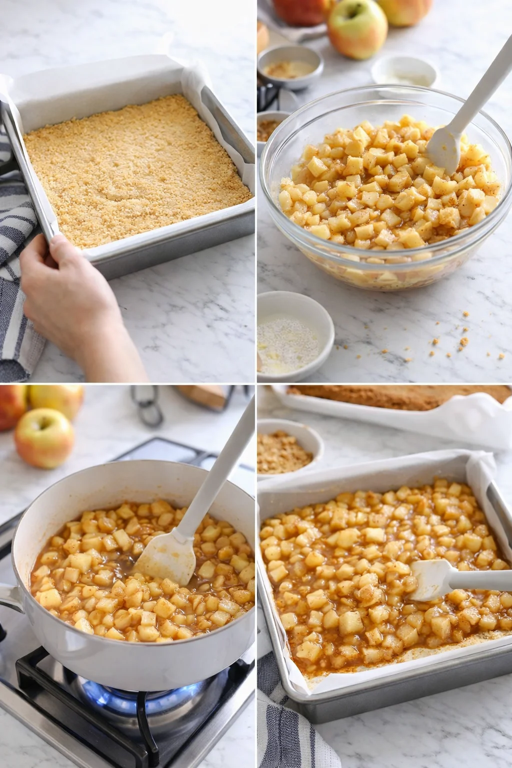 collage showing apple crumble steps: topping pressed in pan, diced apples, cooking on stove, baked crumble