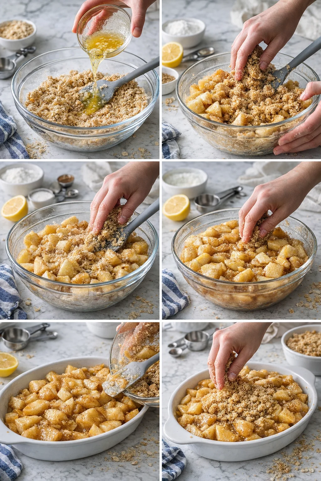 Collage of eight images showing apple crumble preparation: crumb topping, diced apples, and baking dish.