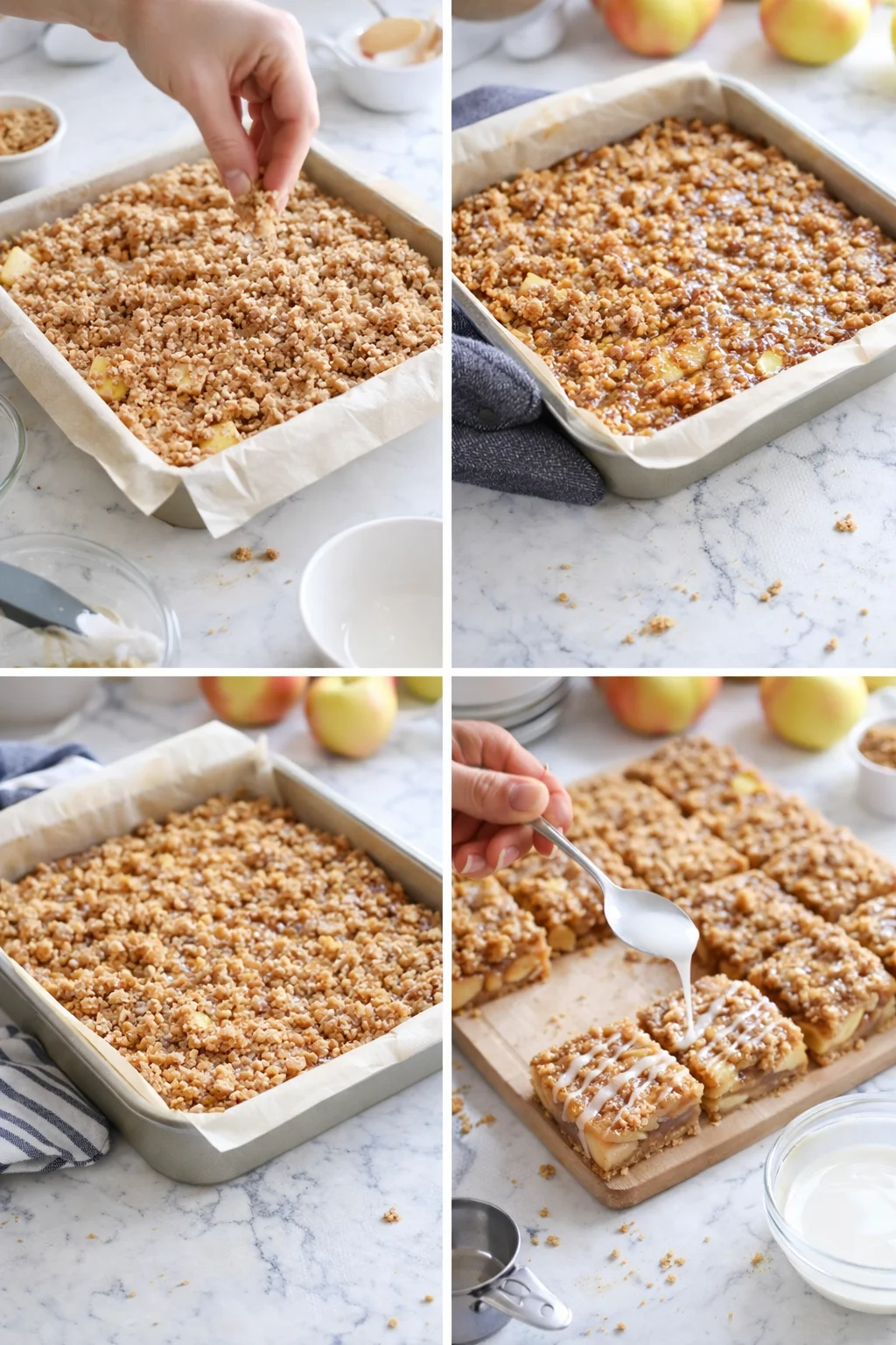 Step-by-step collage showing crumb-topped apple bars on parchment-lined pan with apples in background