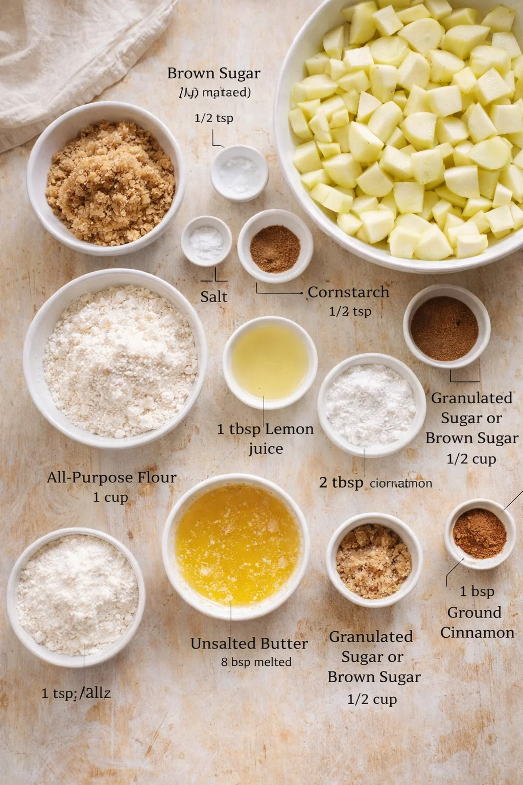 Overhead view of diced apples and bowls of baking ingredients with labeled measurements.