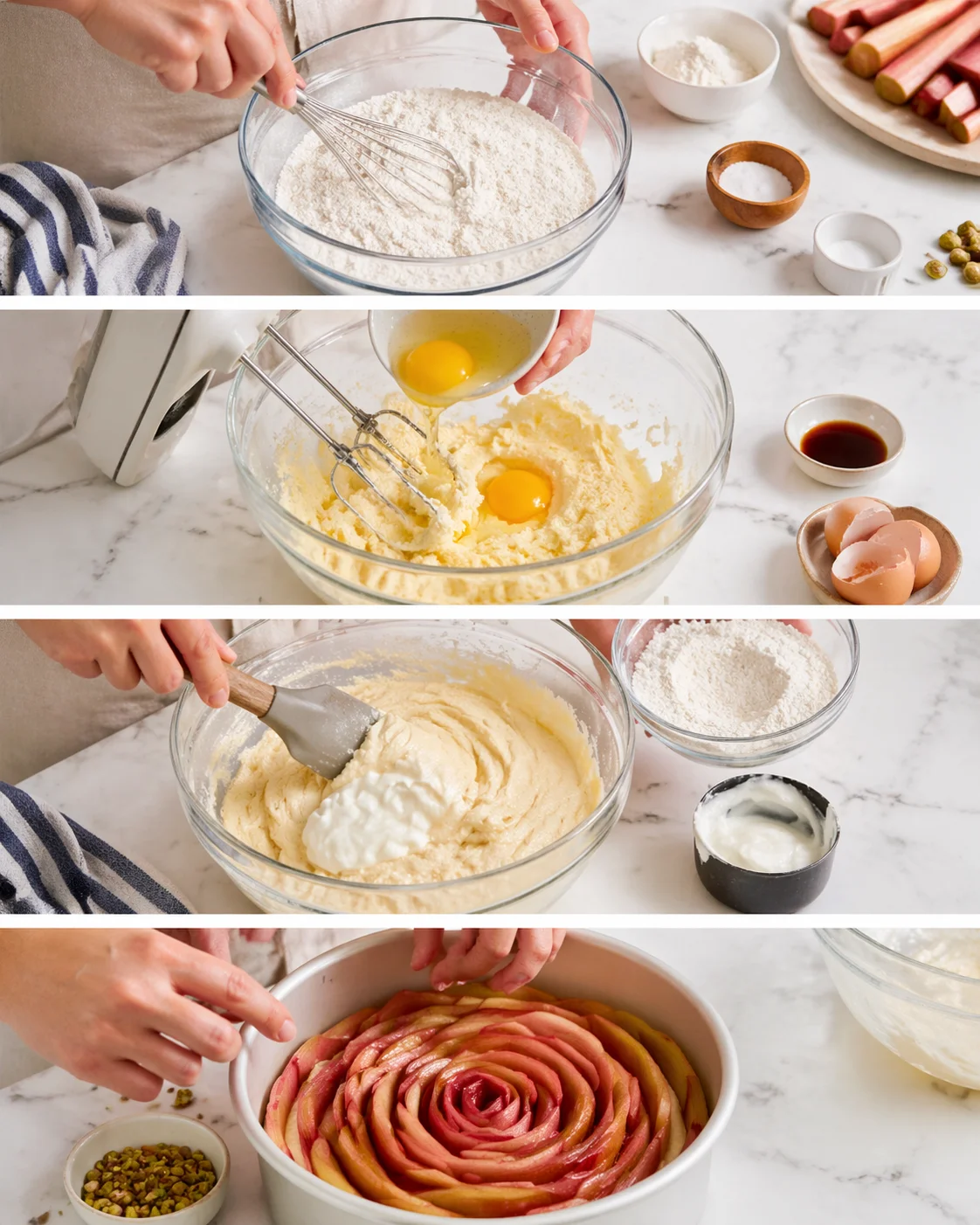 Four-panel kitchen collage showing whisking flour, adding eggs, folding batter, and a rose-patterned apple tart in a pan.