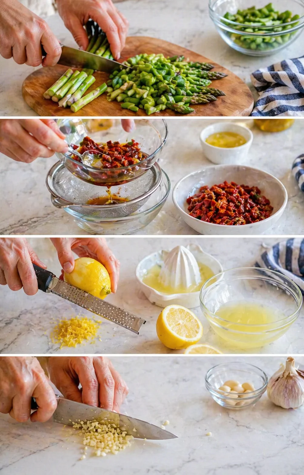 collage of hands chopping asparagus, zesting lemon, and mincing garlic on a marble countertop