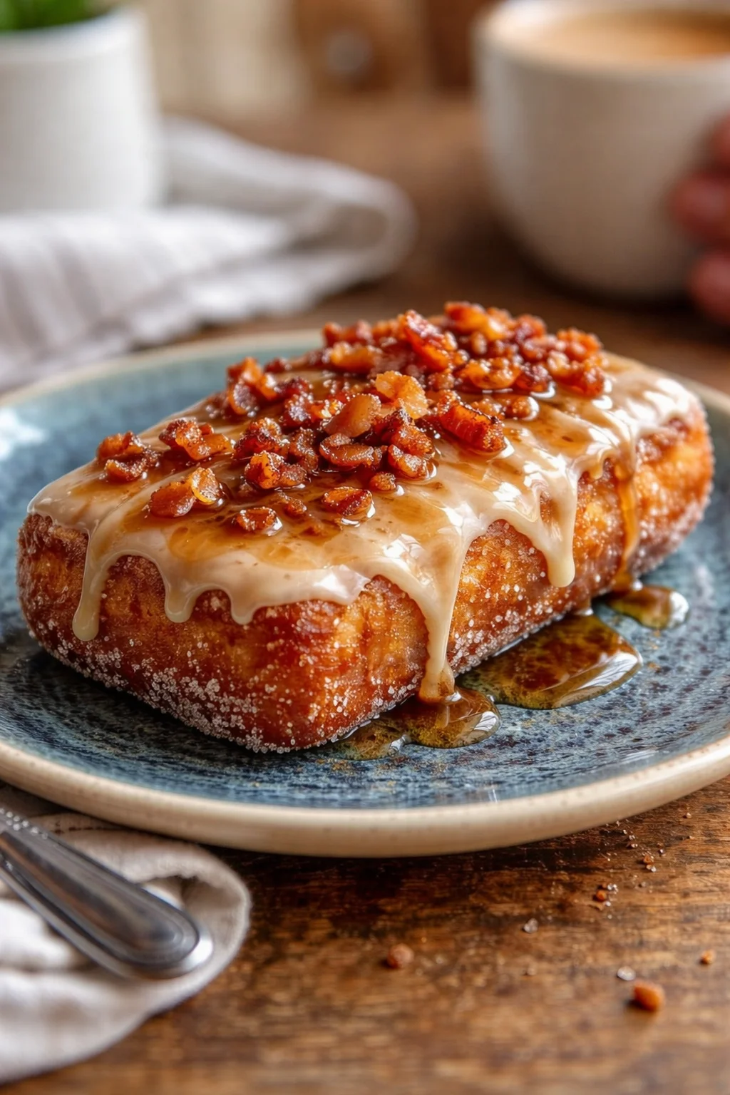 golden-brown brioche loaf on a blue plate with creamy glaze and crispy bacon bits