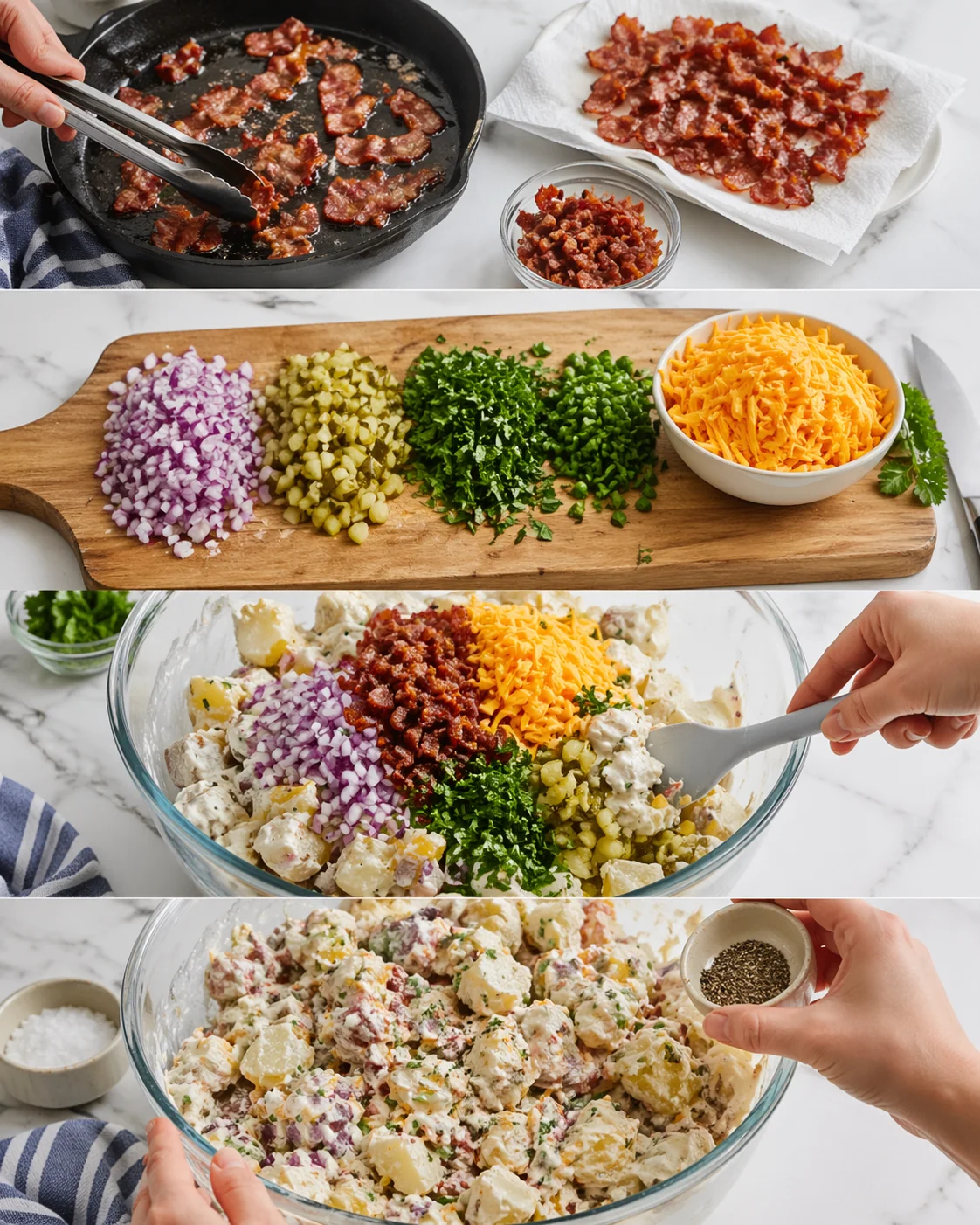 A kitchen collage shows bacon frying, chopped onions and pickles, and mixed potato salad.