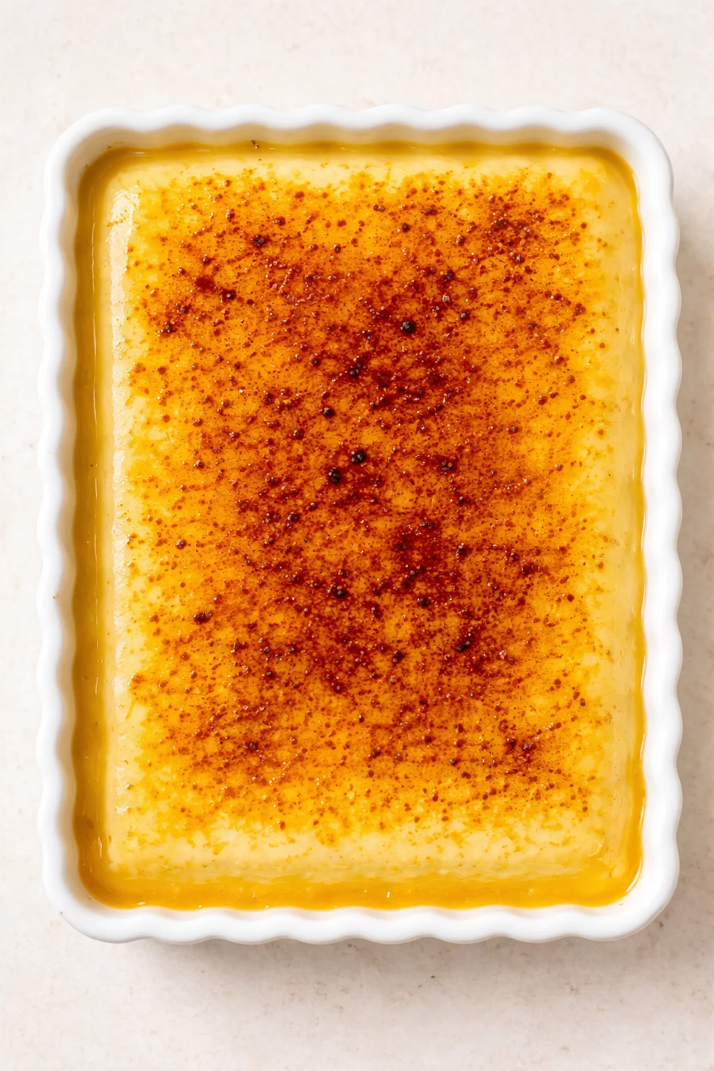 golden baked custard in a white scalloped ramekin, topped with cinnamon specks