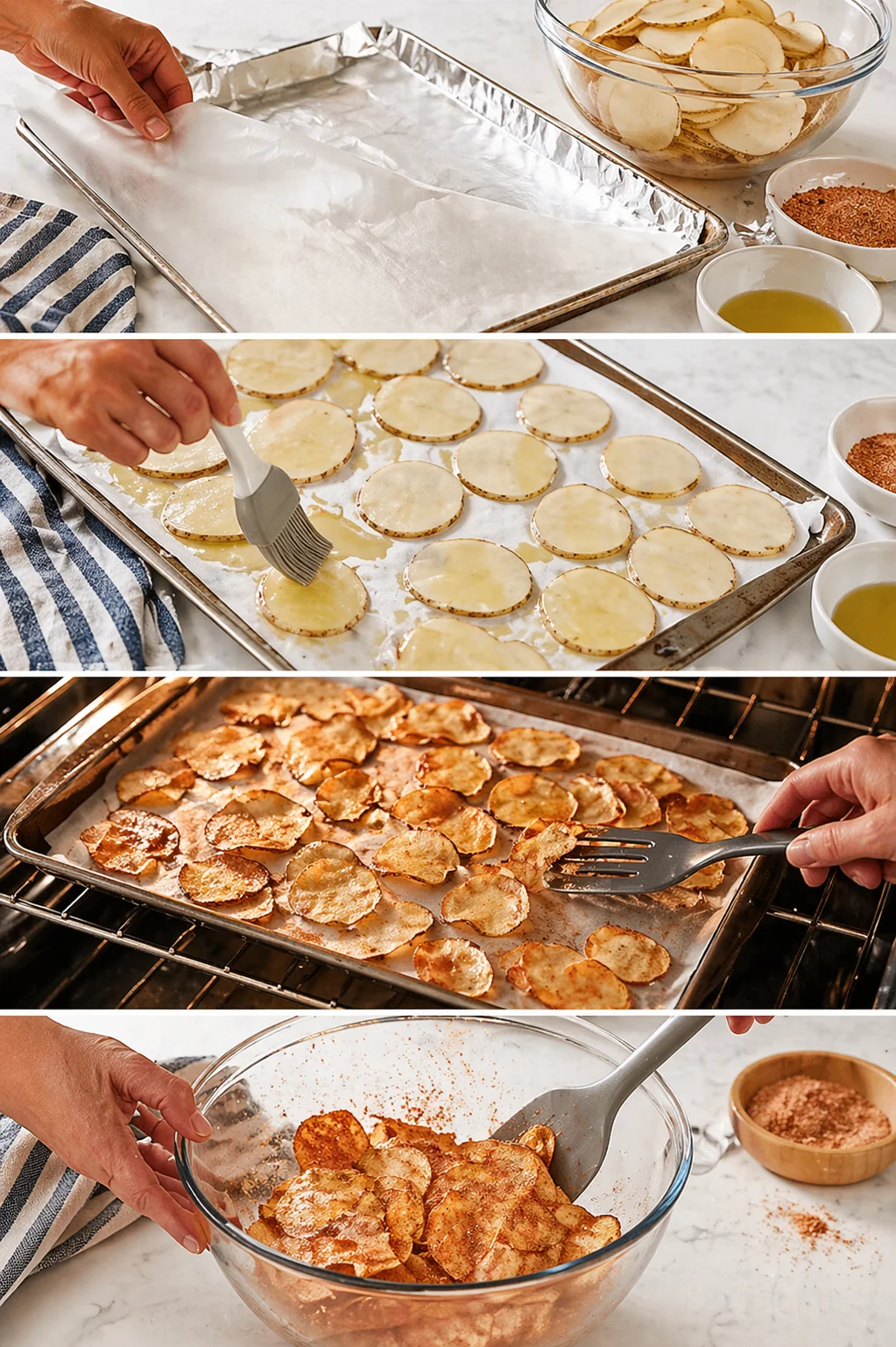 Four-panel collage showing step-by-step baked potato chips: prep, oil brushing, baking, and serving.
