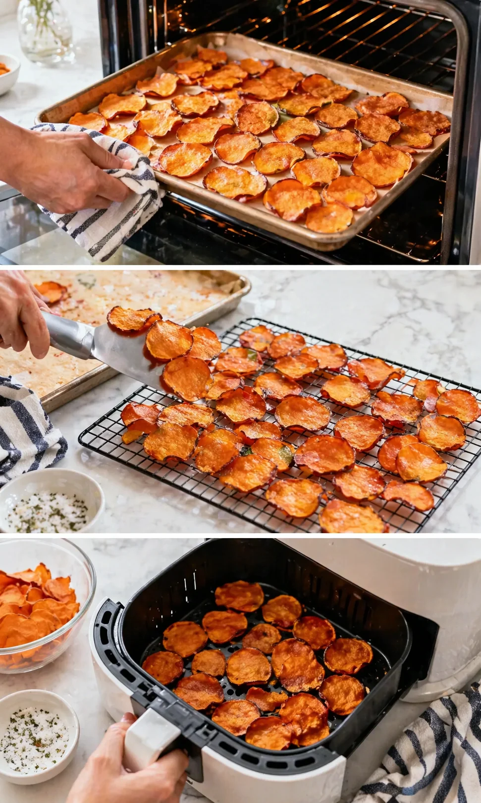 Sequence of kitchen shots showing sweet potato chips baked, cooling on a rack, and finished in an air fryer.