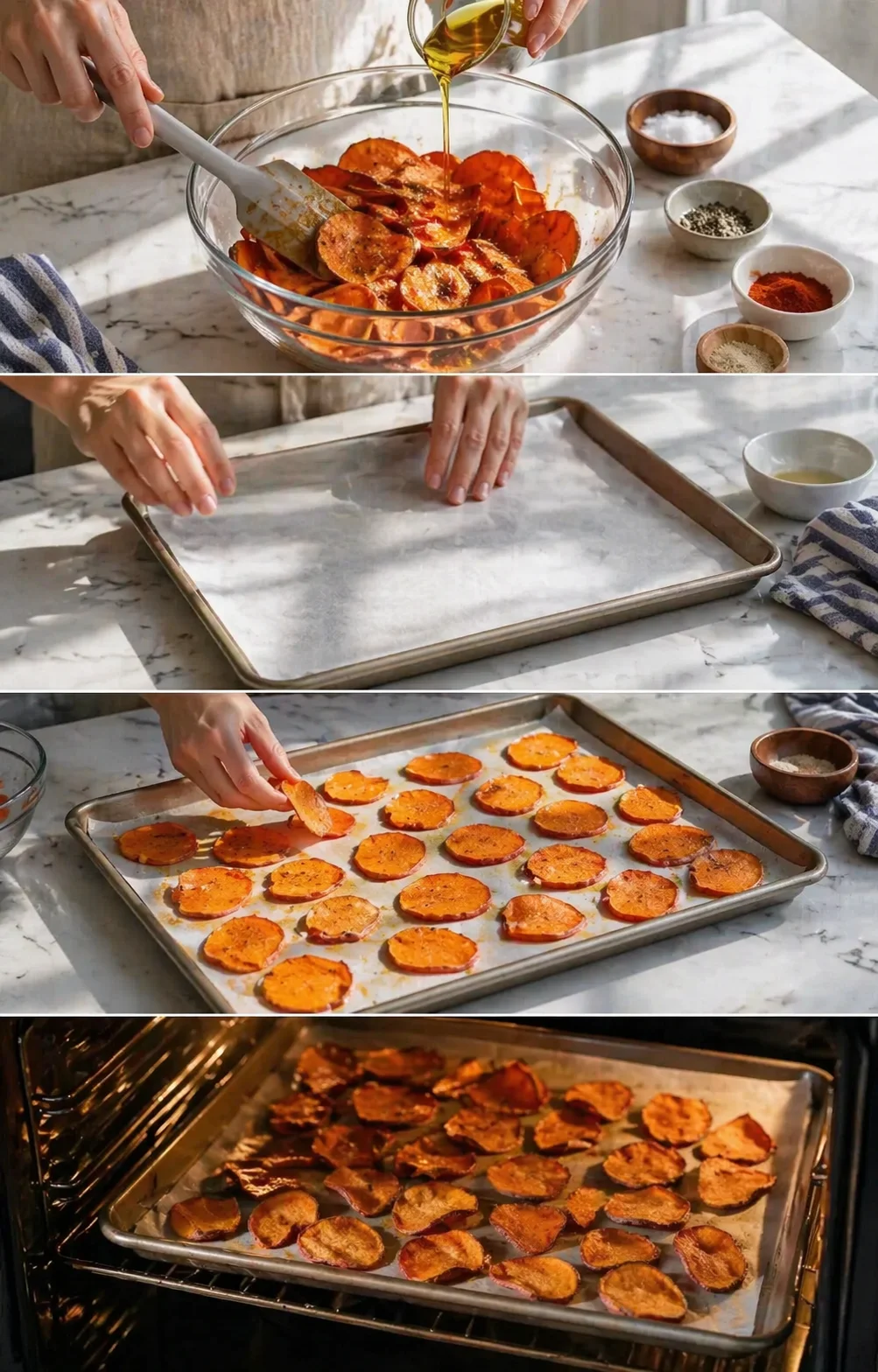Collage showing hands tossing seasoned sweet potato slices, lining a baking sheet, and baking chips.