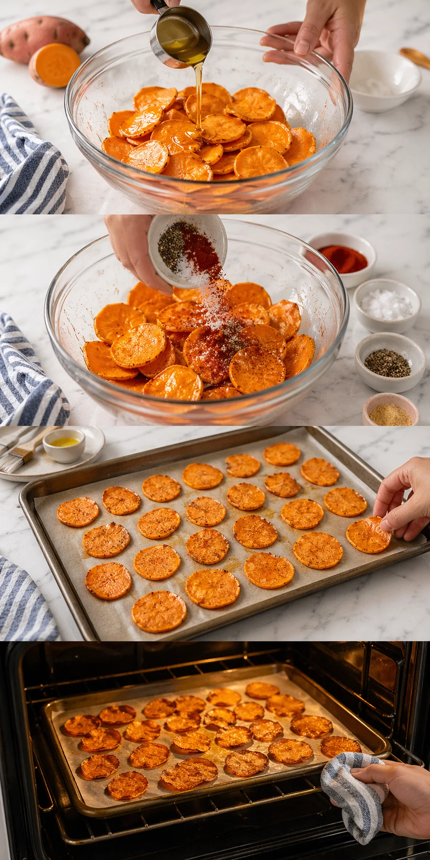 collage of orange sweet potato chips being seasoned with spices and baked on a marble countertop
