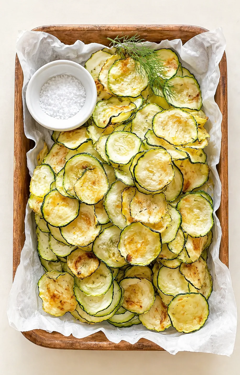 Top-down view of a wooden tray lined with parchment, filled with baked zucchini slices and dill.