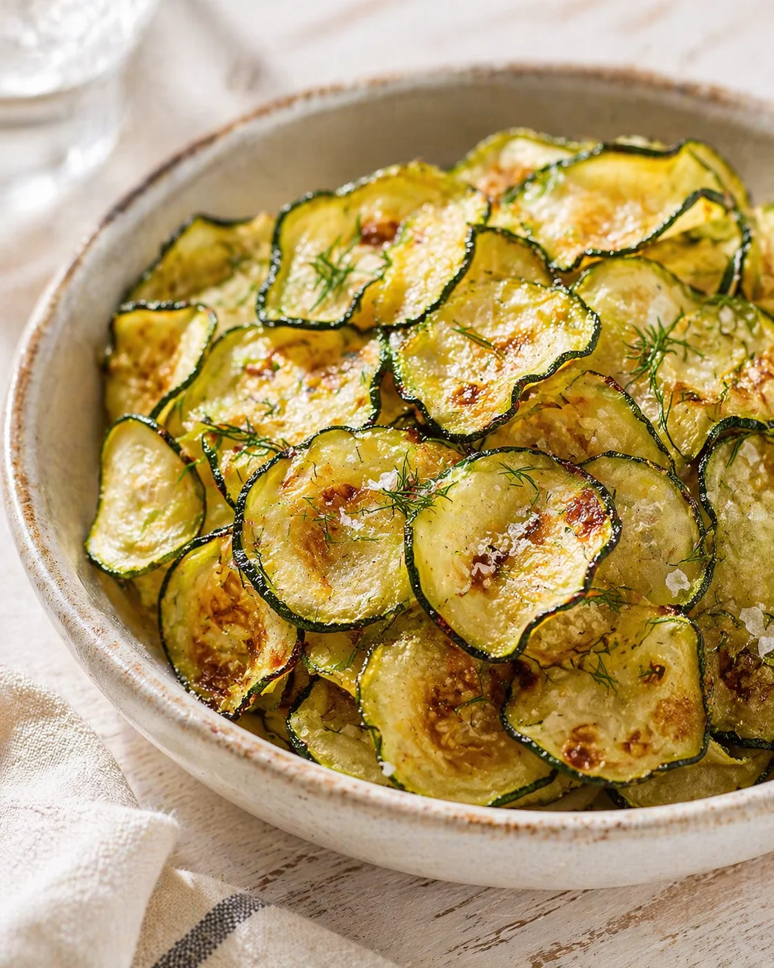 Golden baked zucchini chips in a ceramic bowl, garnished with dill and flaky salt