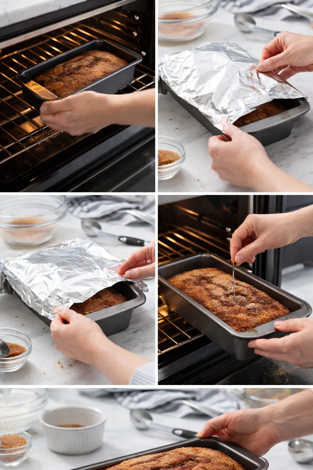 Six-panel collage of a loaf pan in oven, foil removal, and toothpick test.