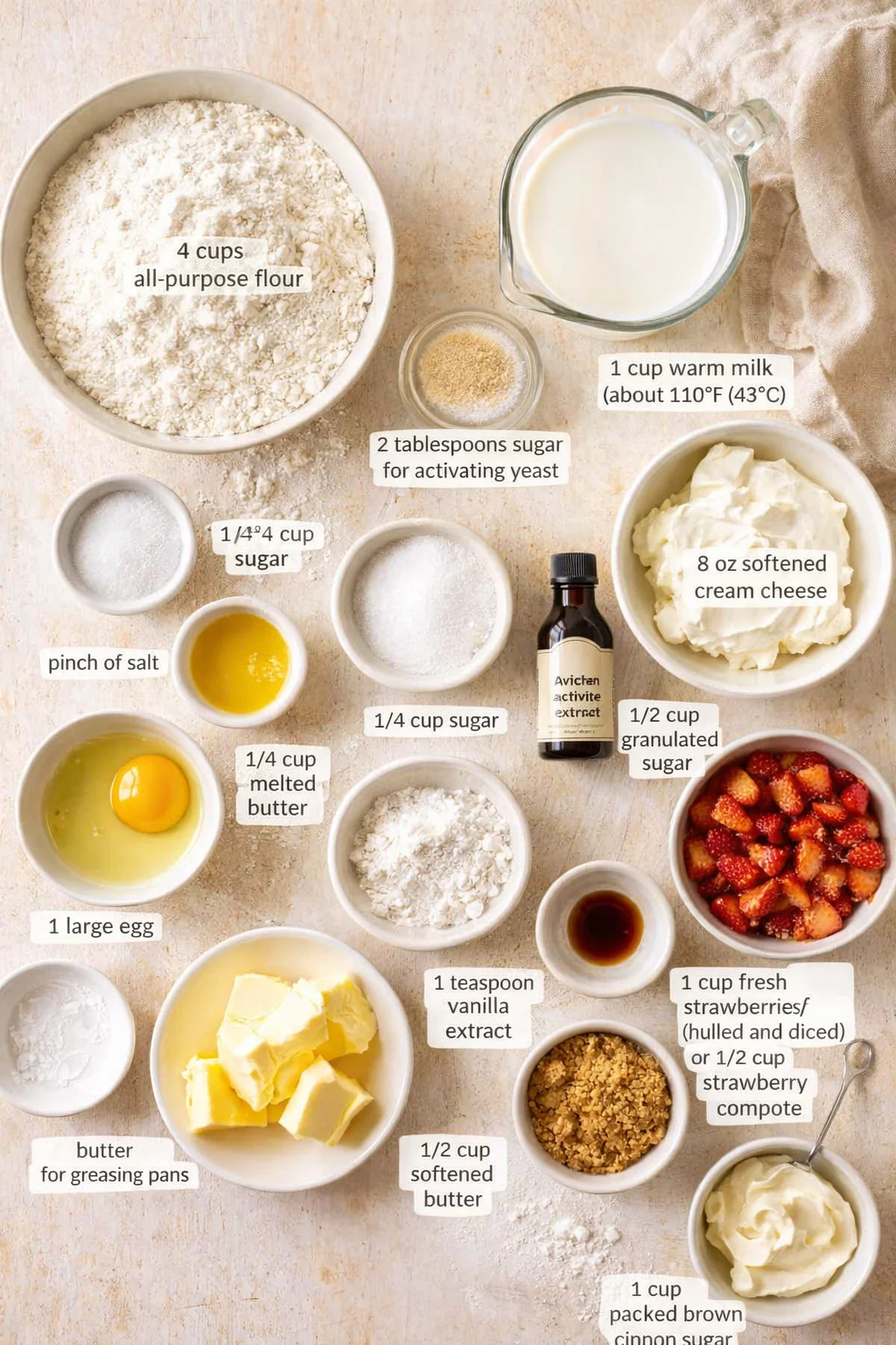 Overhead shot of assorted baking ingredients arranged on a light wooden surface with labeled quantities.