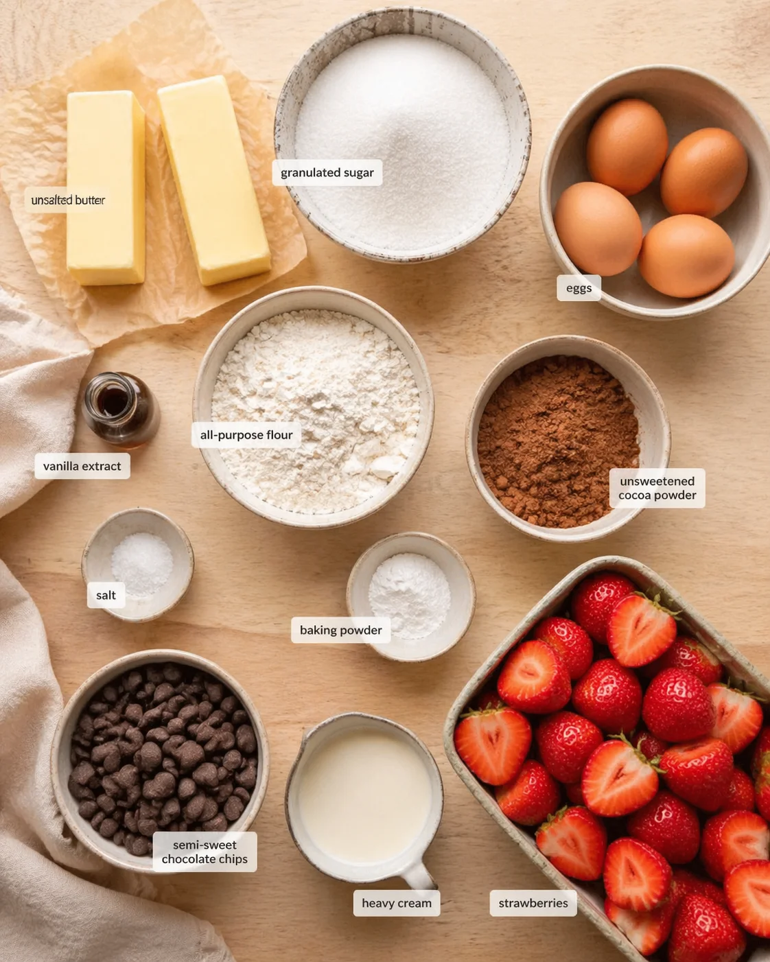 top-down view of baking ingredients—butter, sugar, flour, eggs, cocoa, vanilla, salt, cream, strawberries on a wooden surface