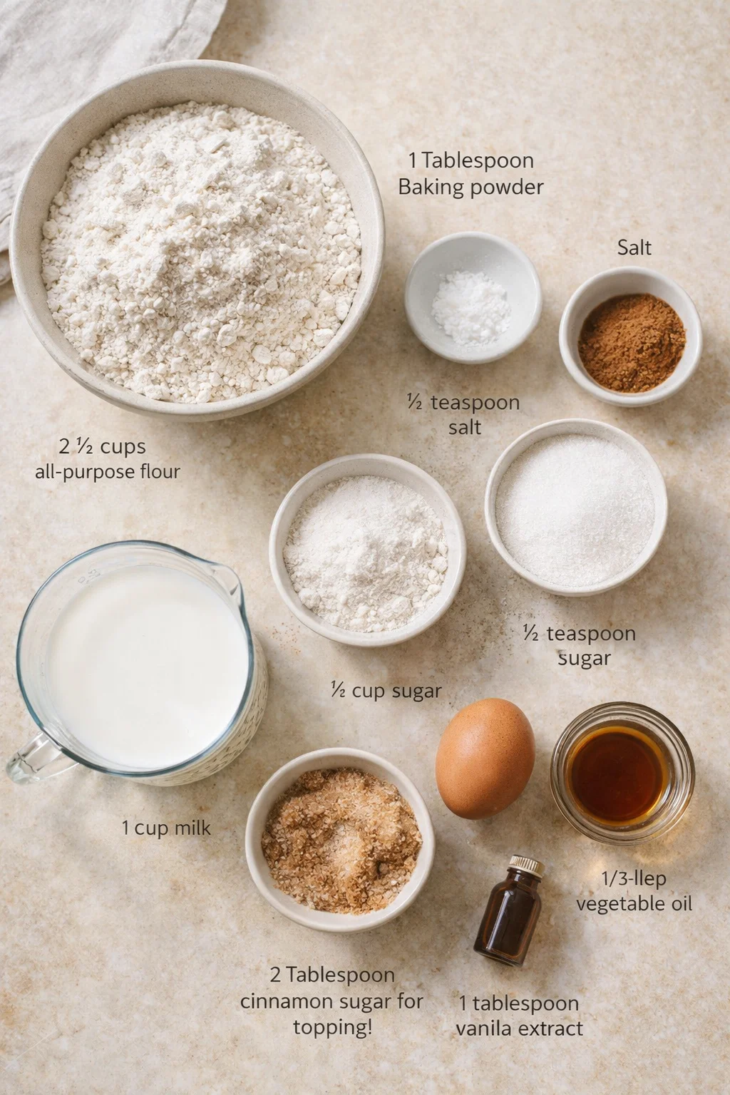 Top-down view of flour in a large bowl and labeled ingredients arranged on beige counter.