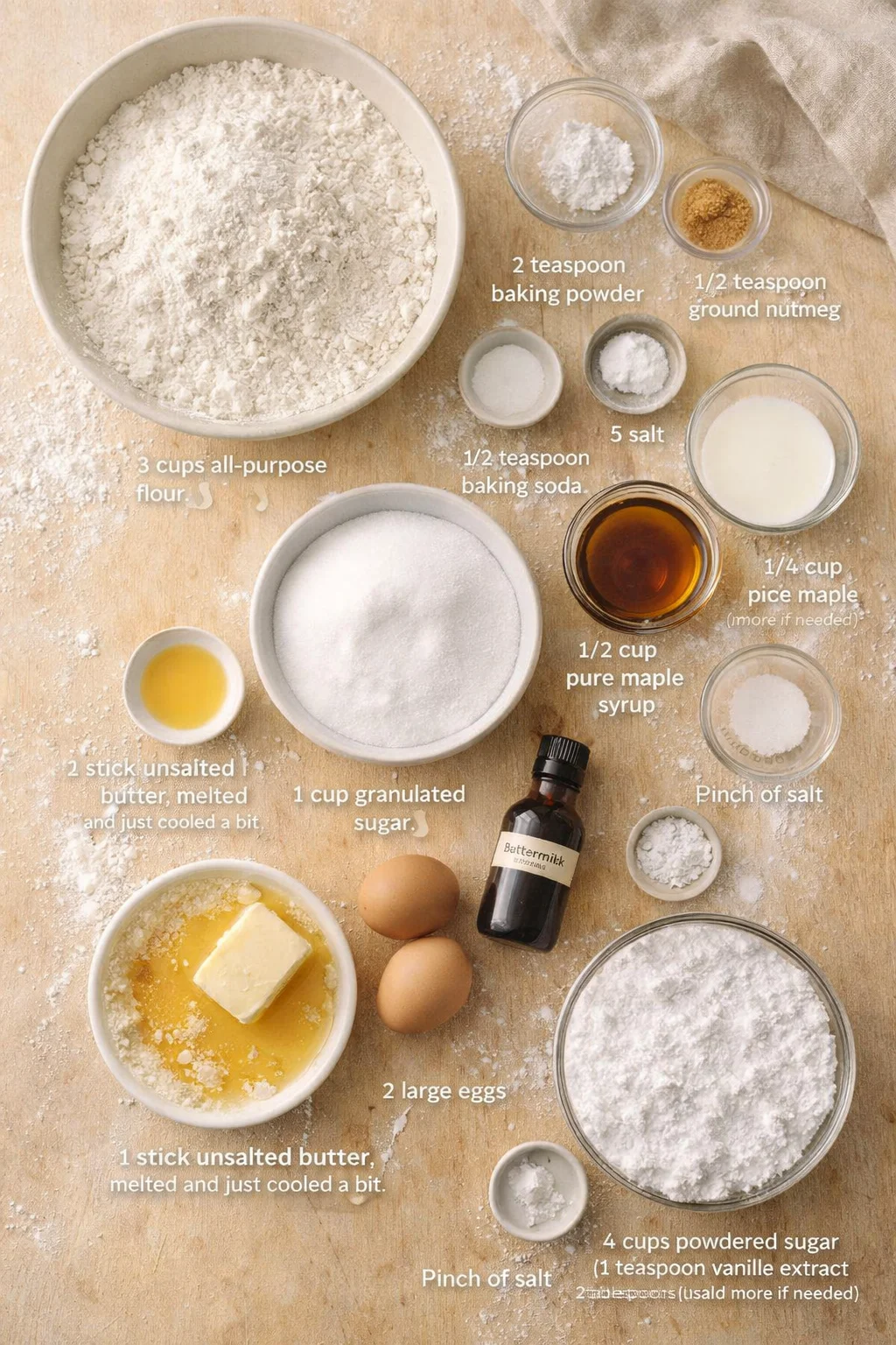 Overhead view of baking ingredients arranged on a wooden table with labeled bowls.