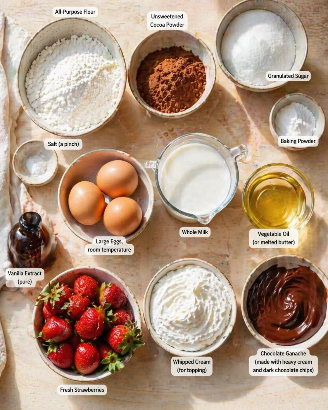 Overhead shot of labeled baking ingredients arranged in bowls on a wooden table