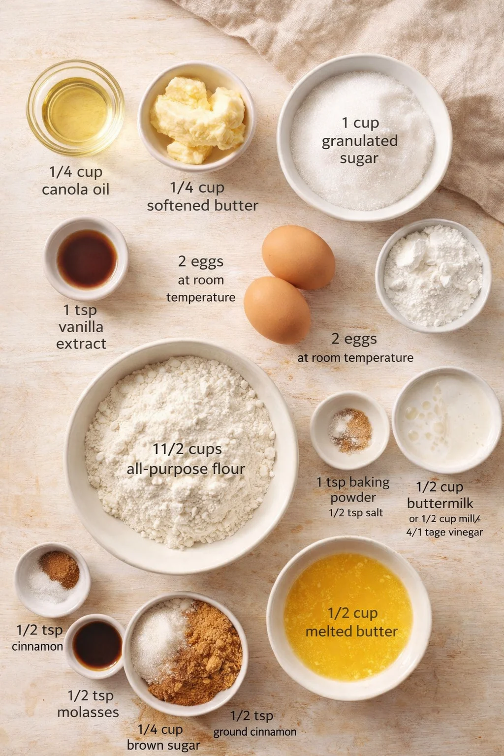 Overhead view of baking ingredients arranged on a wooden surface with labeled bowls.