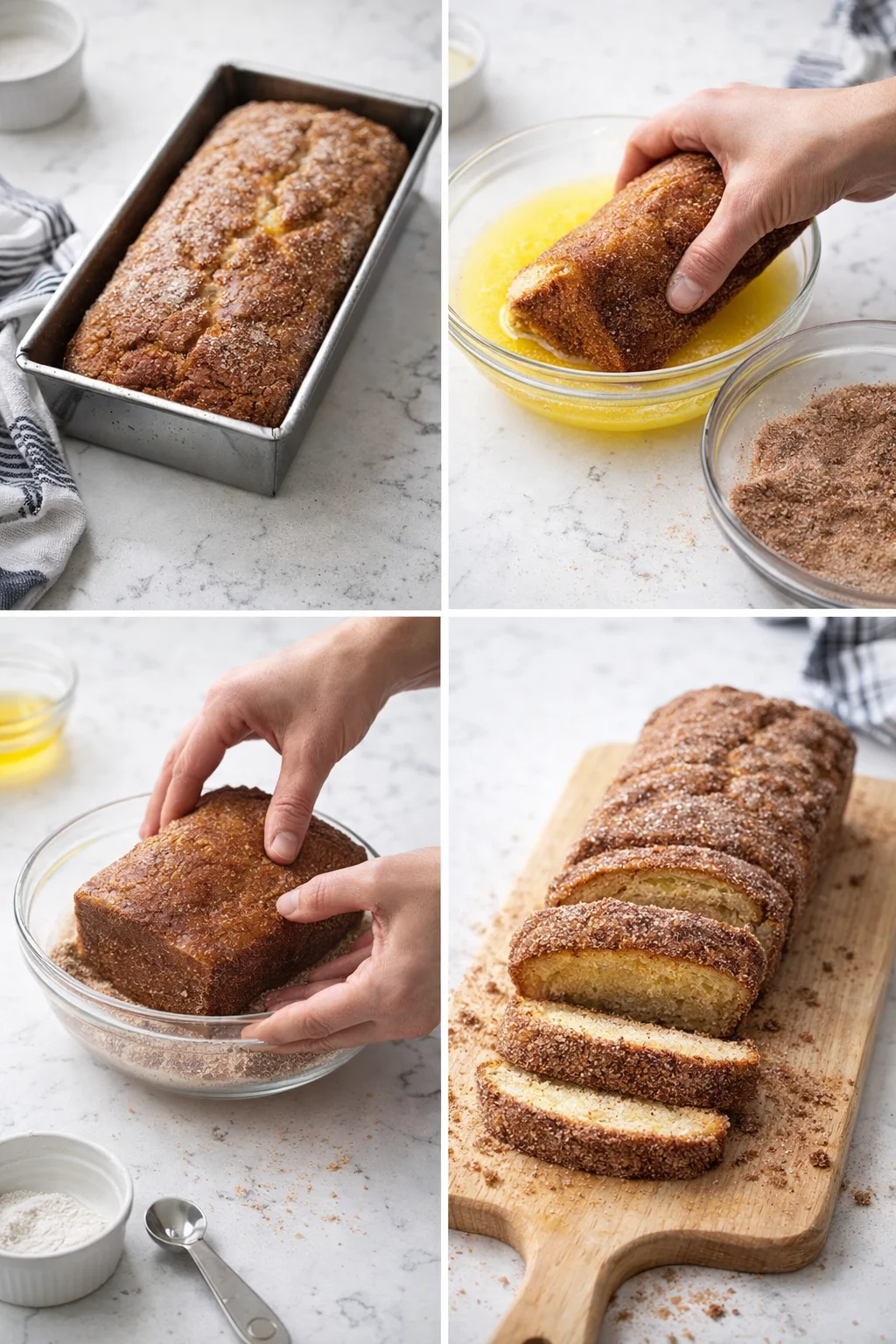 Four-panel collage showing banana bread being prepared: baked loaf in pan, dipped in egg wash, coated in cinnamon-sugar crumbs, then sliced on a board.