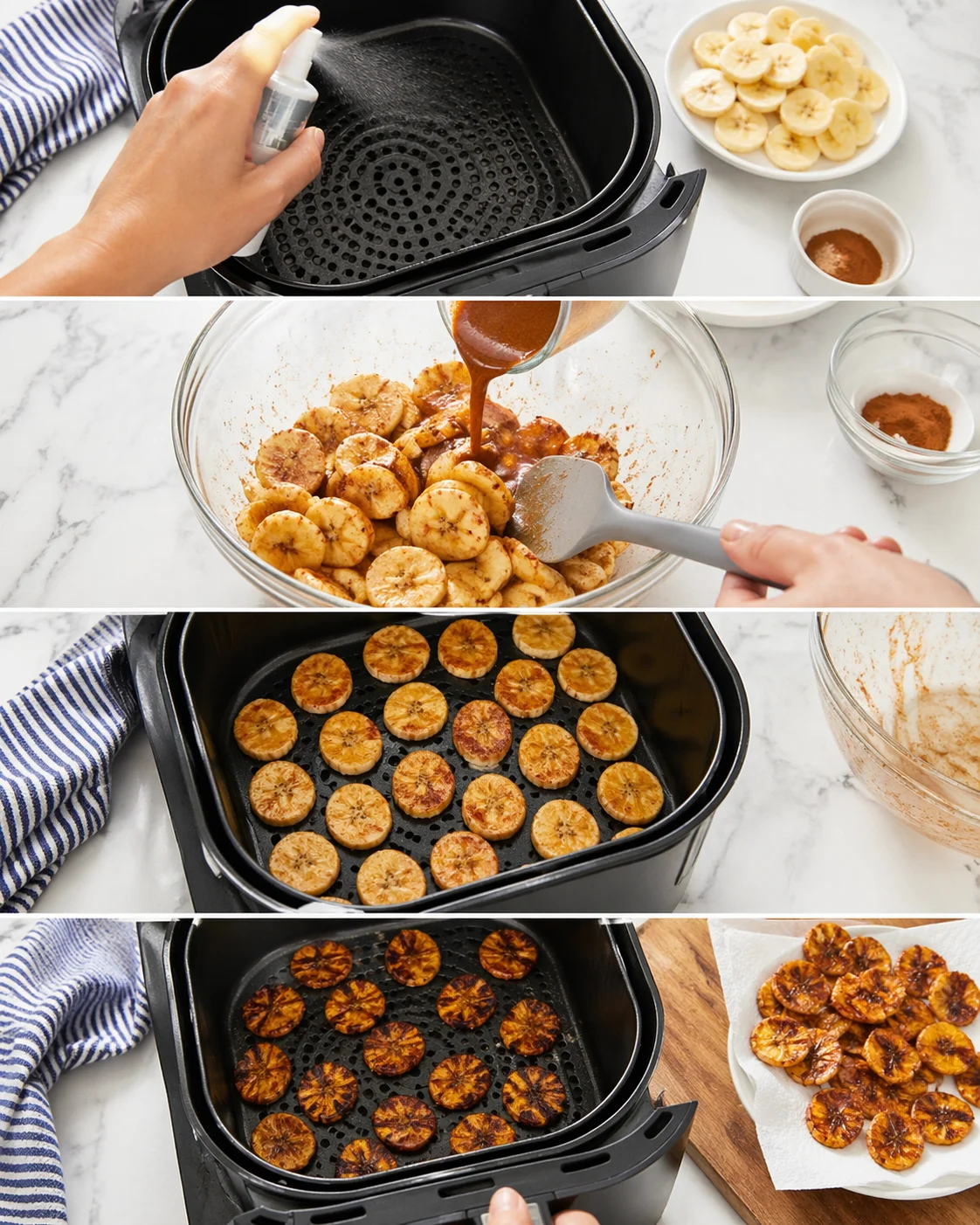 multi-panel collage showing cinnamon-coated banana chips being prepared and air-fried
