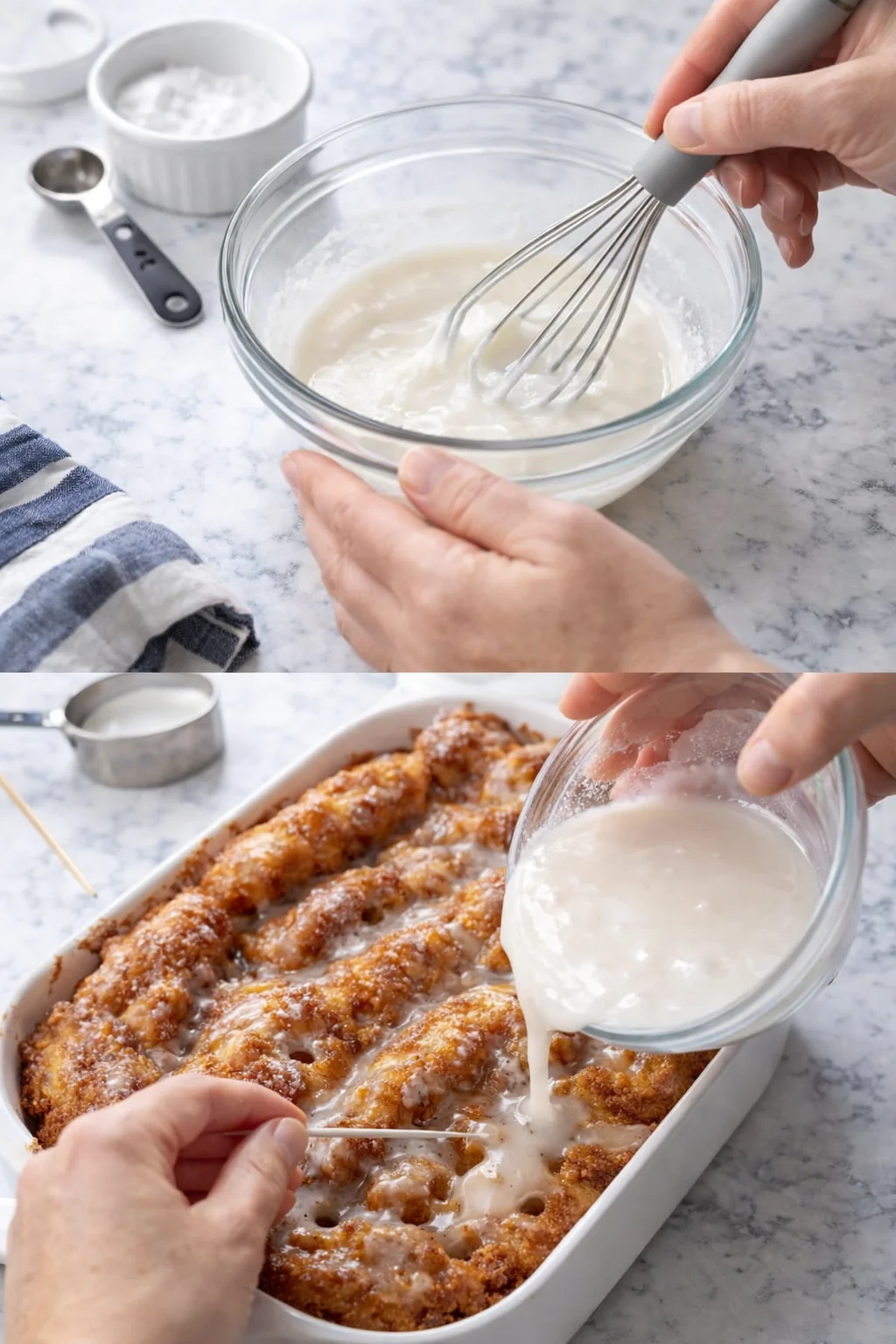 Two-panel collage showing batter whisking in a glass bowl and creamy sauce poured over crispy chicken tenders.