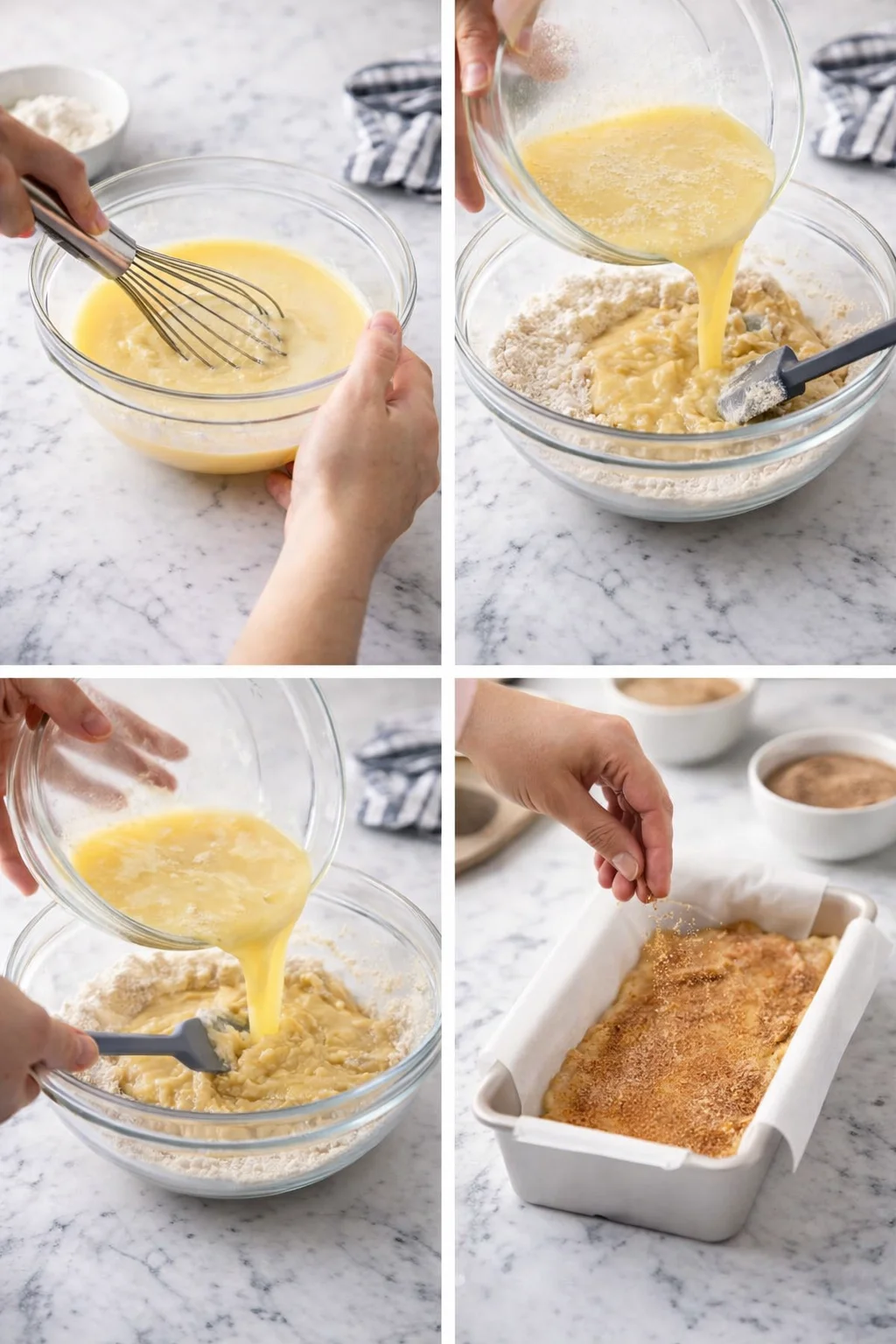 Four-panel collage showing batter being whisked, poured with flour, and a loaf cake topped with crumbs on a marble countertop.