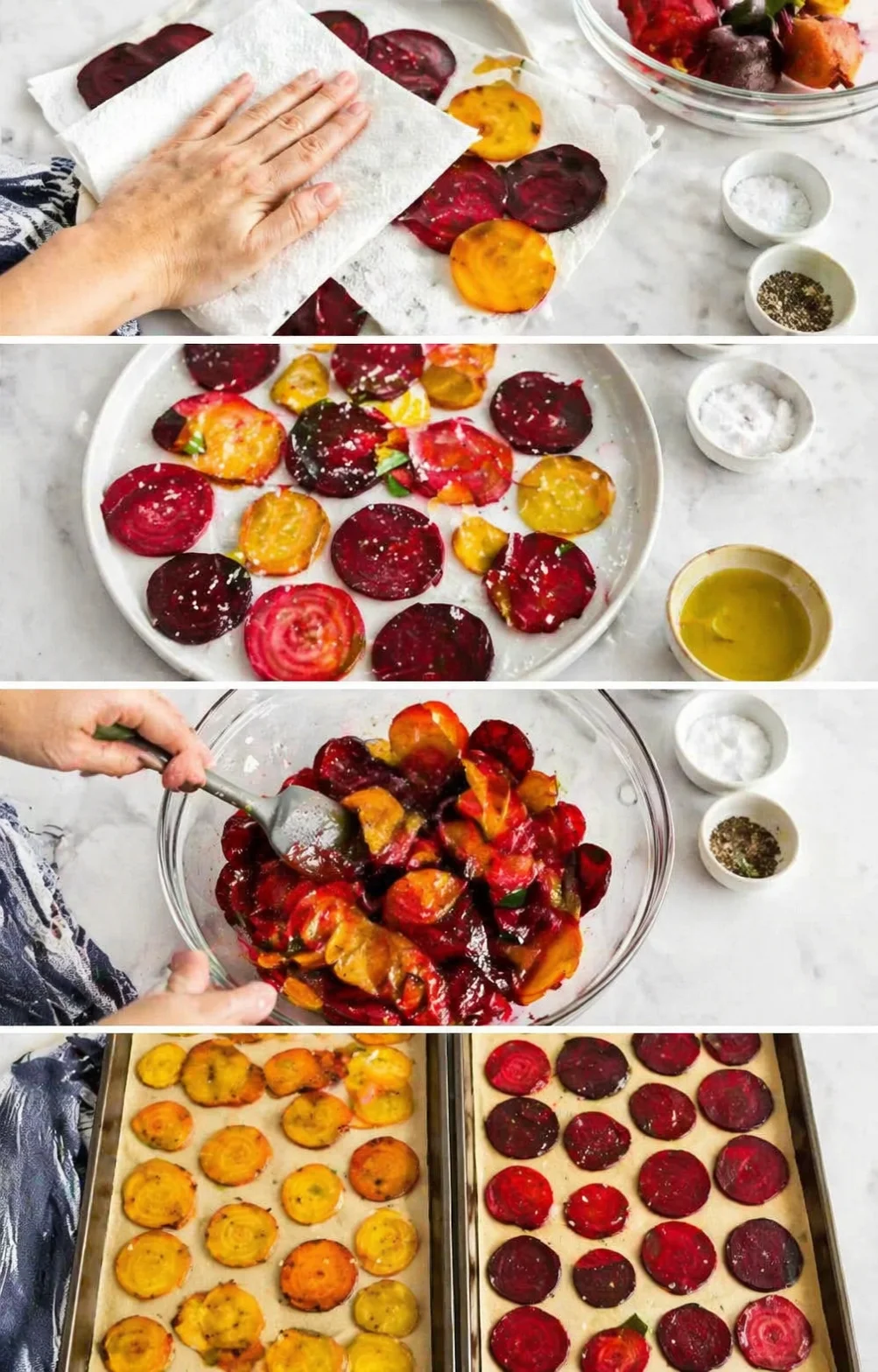 collage of hands prepping colorful beet chips on parchment and baking trays