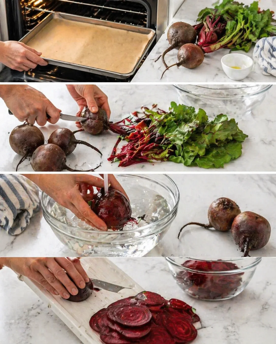 multi-panel kitchen montage showing beet prep from roasting to slicing