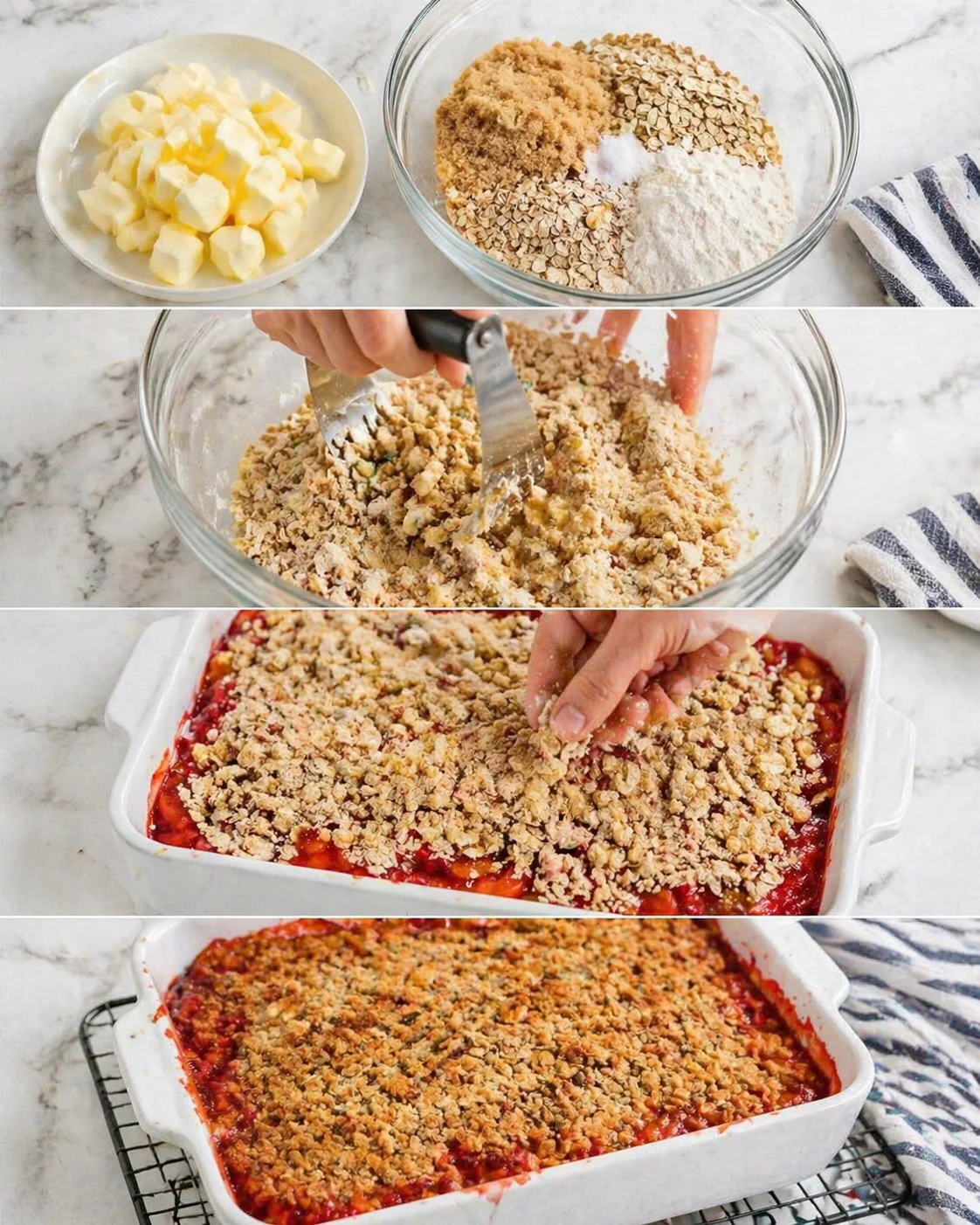 collage showing crumb-topping ingredients, mixing, and a baked fruit crumble in a white casserole dish.