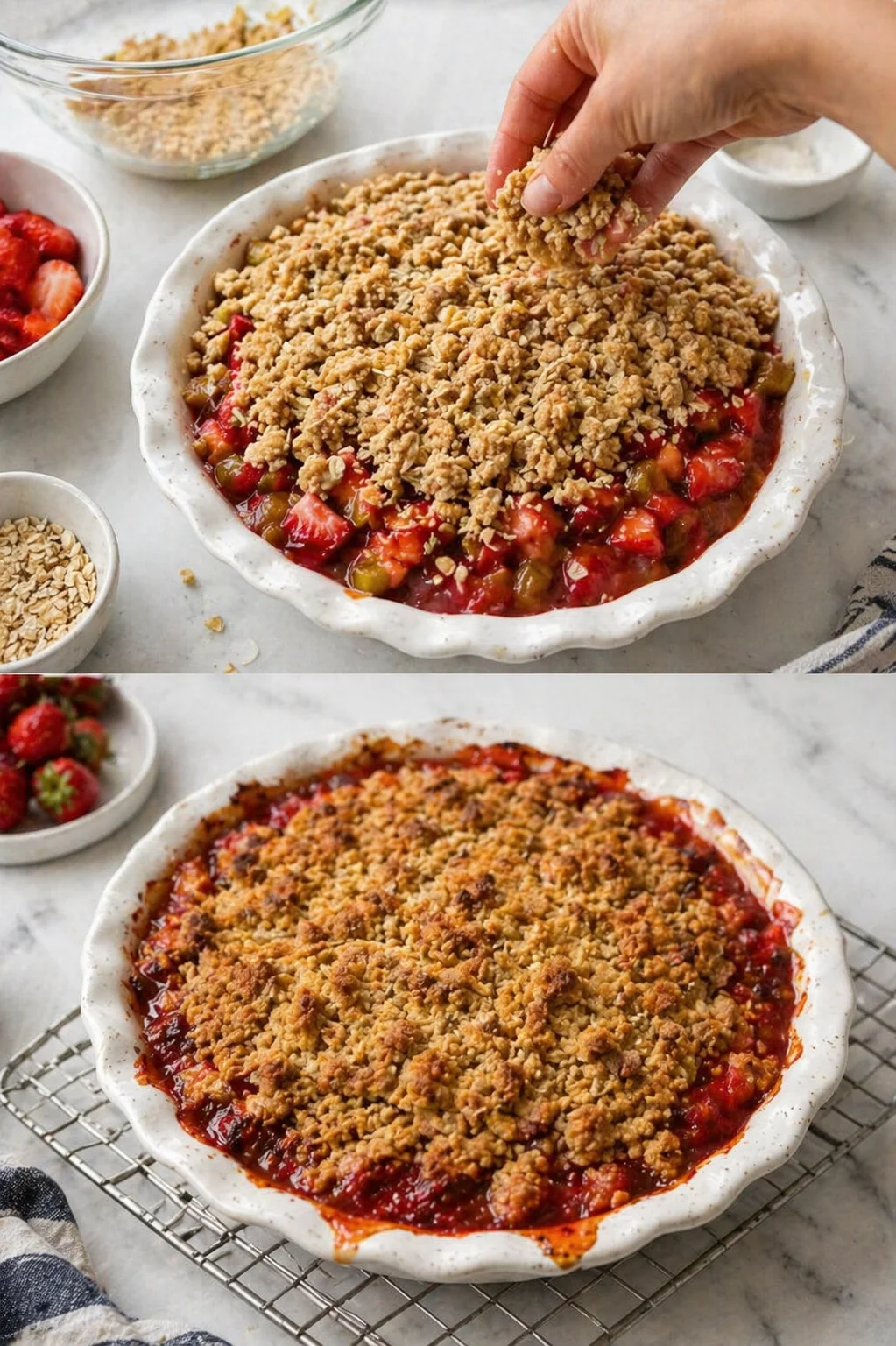 Two-panel shot of a berry crumble pie being assembled and cooled on a marble counter.