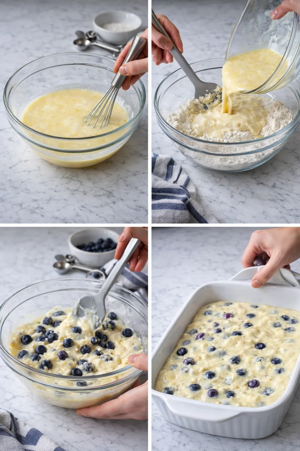 A four-panel collage showing batter whisking, pouring into dry mix, blueberries folding in, and batter in a baking dish.