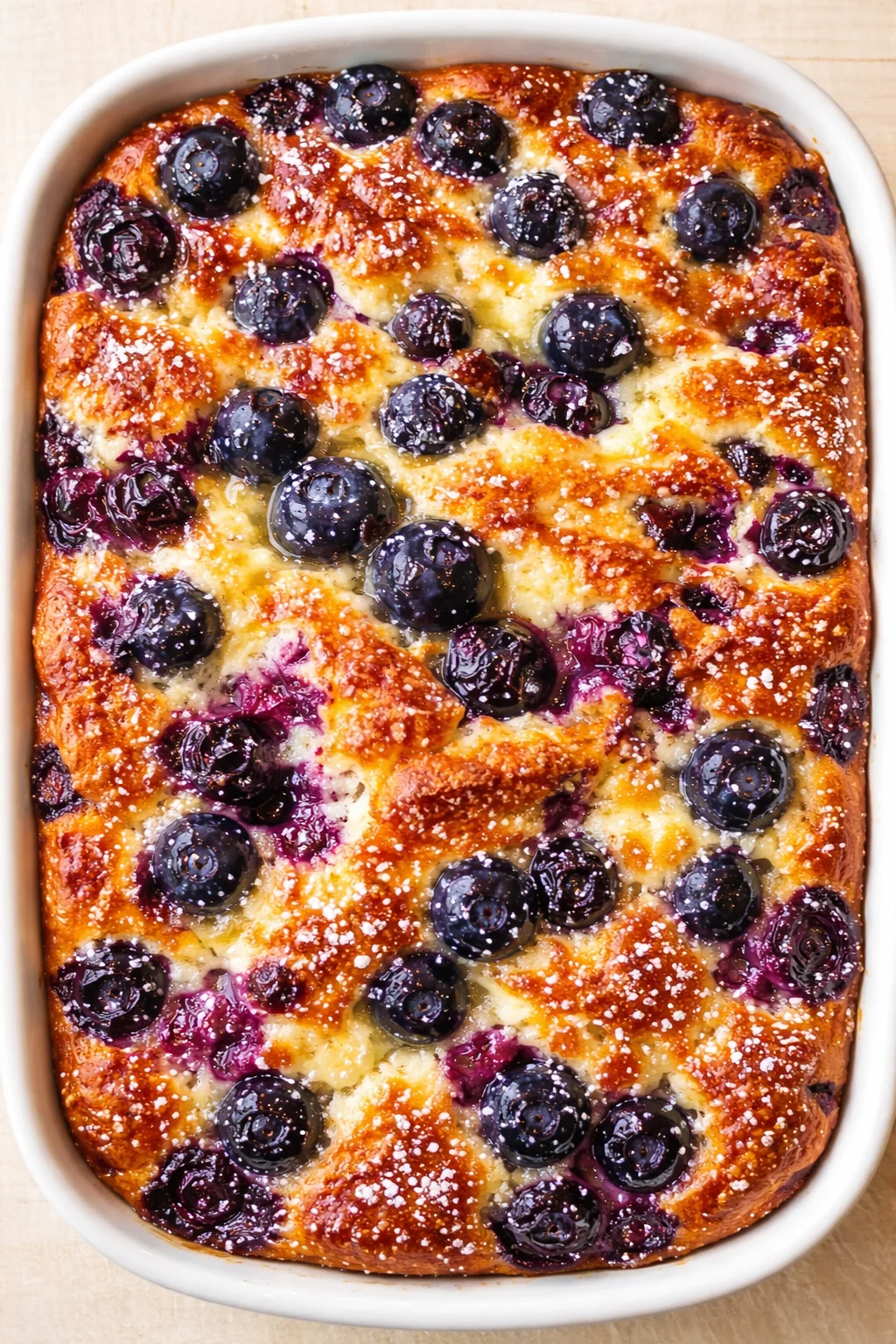 golden-brown blueberry cake in a white baking dish with blueberries on top