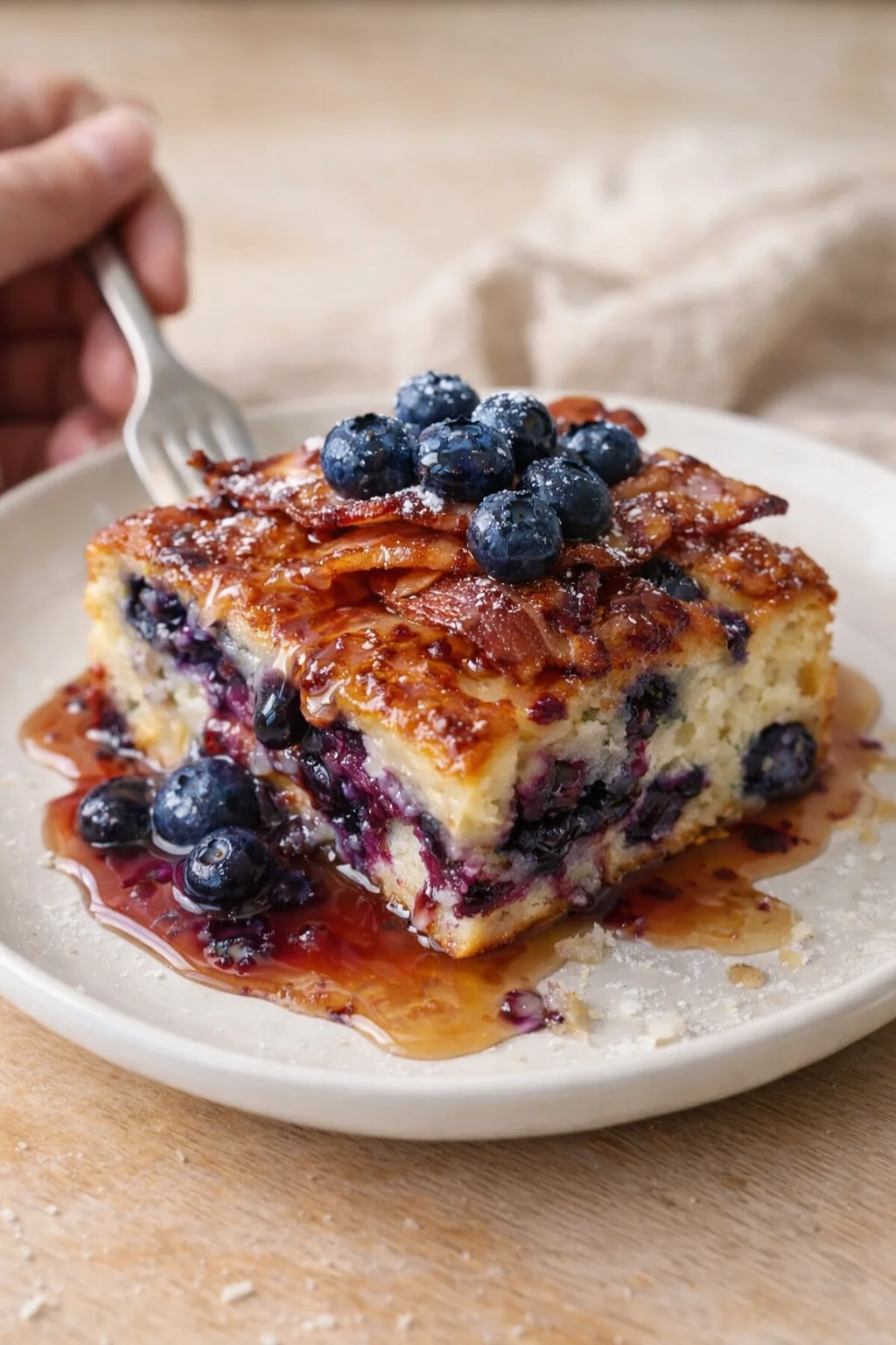 slice of blueberry coffee cake on a white plate with blueberries and syrup