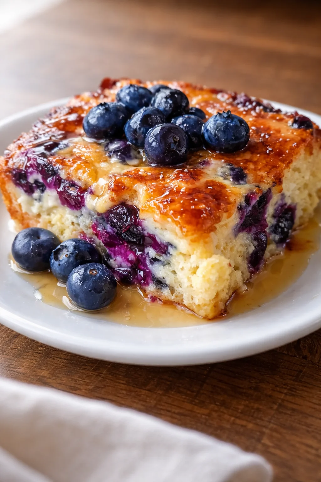 Close-up of blueberry-glazed cake slice on a white plate with glossy syrup and whole blueberries