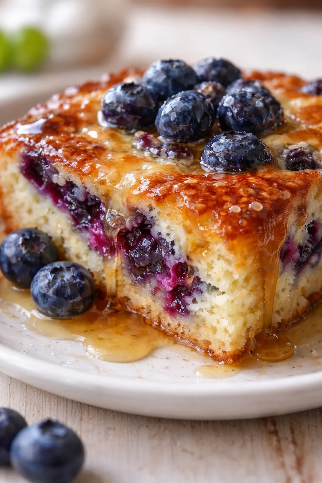 Close-up of blueberry-glazed pound cake with glossy amber glaze and fresh blueberries on top.