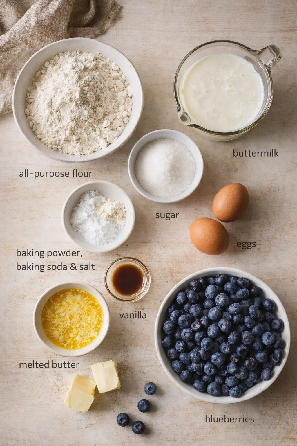 top-down flat lay of baking ingredients labeled for a recipe: flour, sugar, eggs, buttermilk, vanilla, melted butter, baking powder/soda, and blueberries