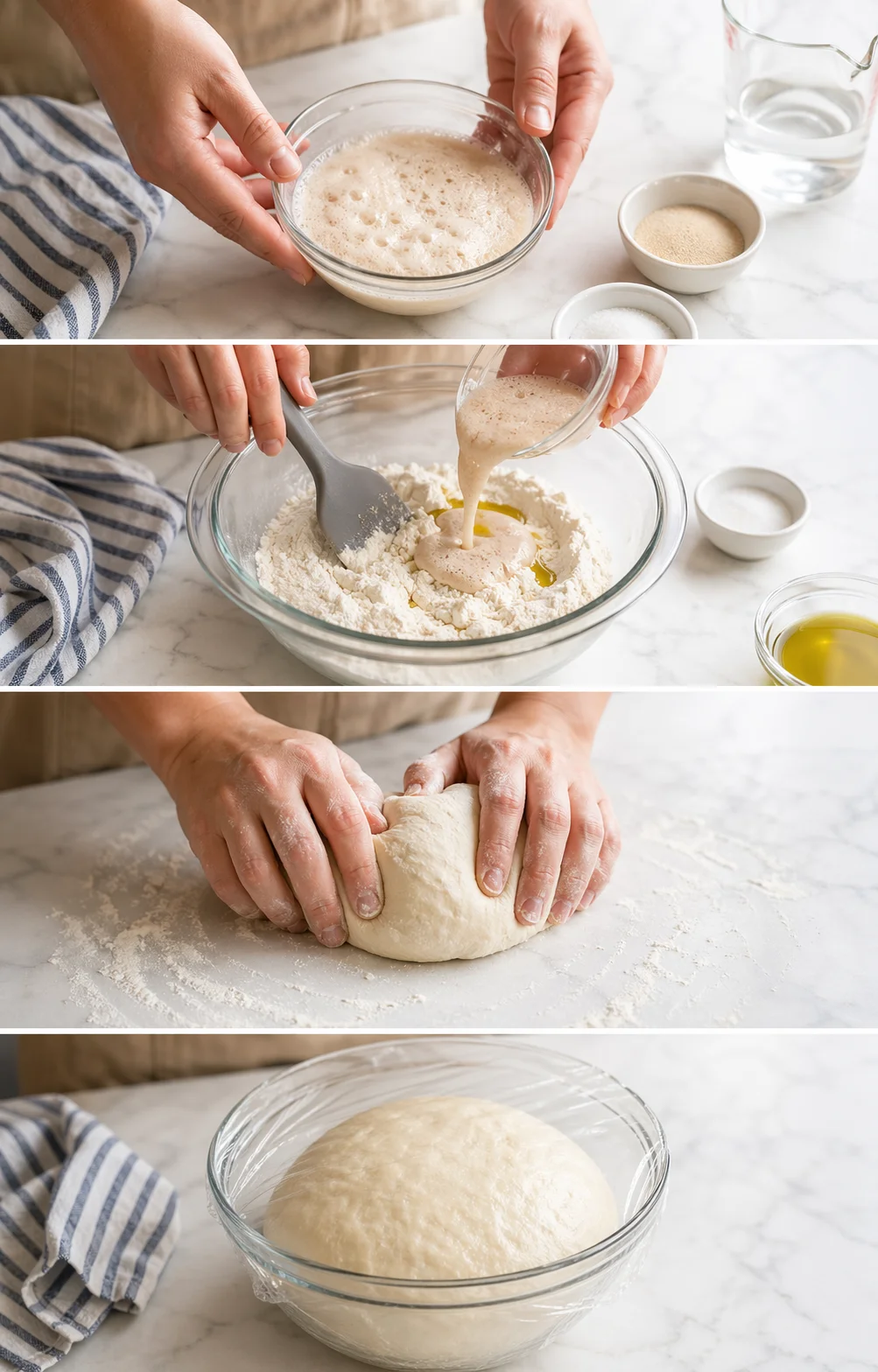 A four-panel collage of hands mixing yeast, combining wet and dry ingredients, kneading dough, and dough resting.