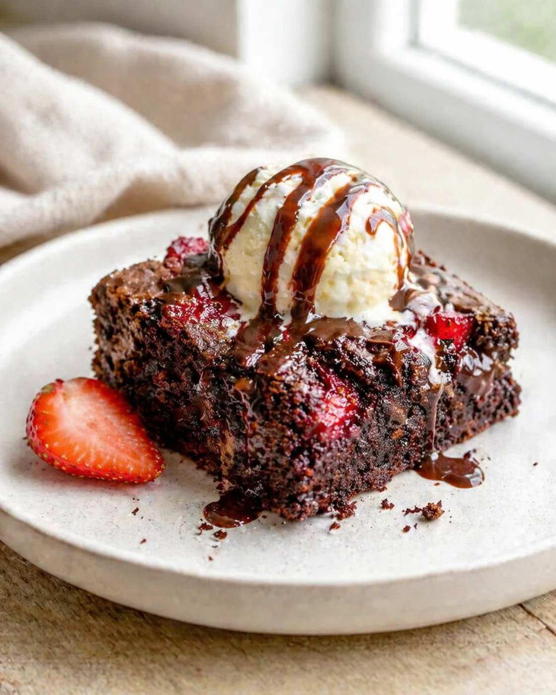 Chocolate brownie topped with vanilla ice cream, strawberry halves, and chocolate drizzle on a light plate.