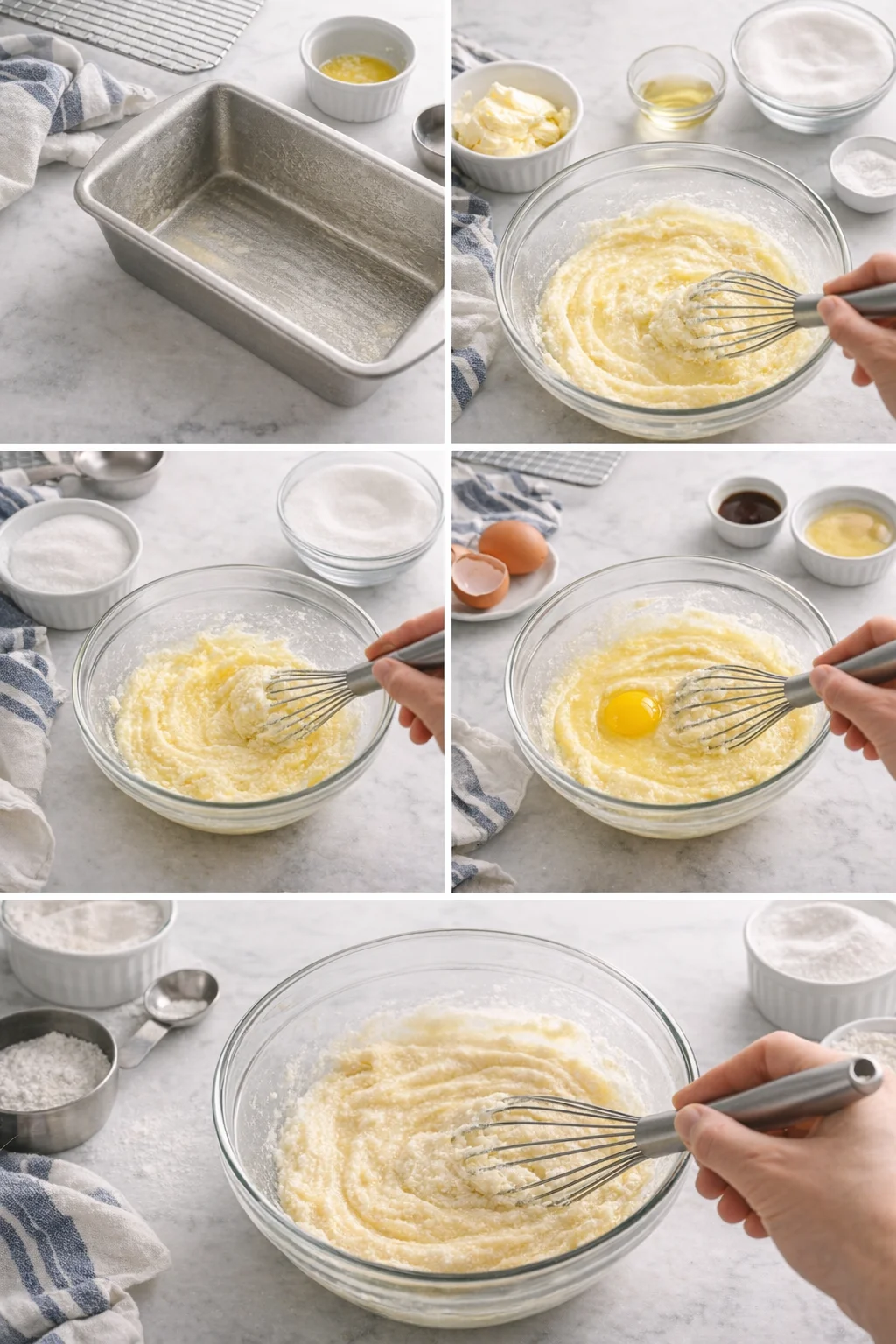 Collage of batter-prep steps: mixing bowl with whisk, eggs and ingredients nearby, on a marble countertop.