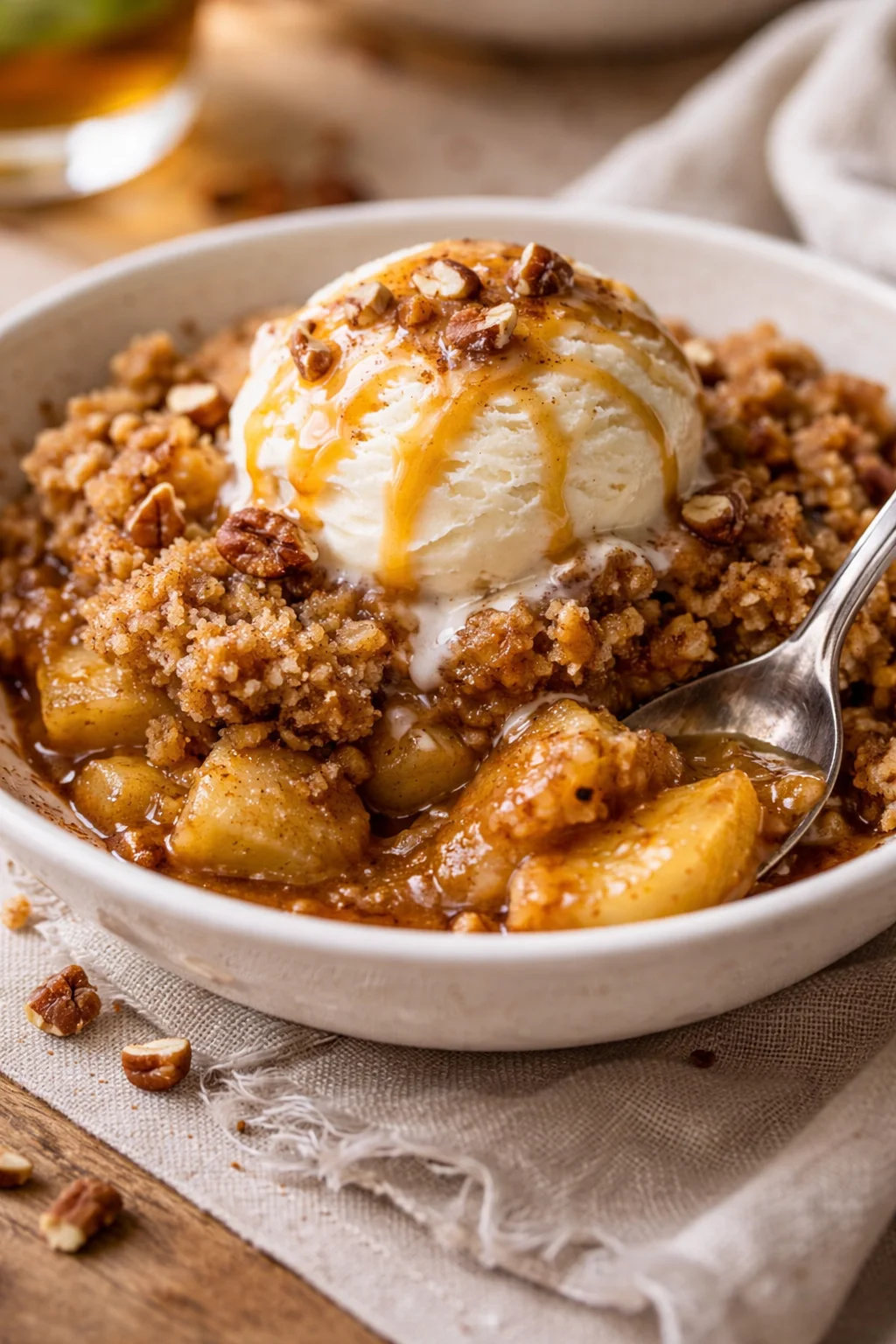 A bowl of warm apple crumble with a scoop of vanilla ice cream and caramel drizzle.