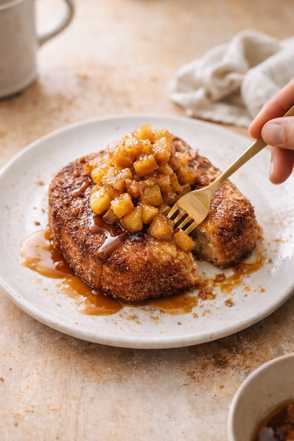 Plate featuring a caramel-drizzled fried cake topped with diced apples and a fork.
