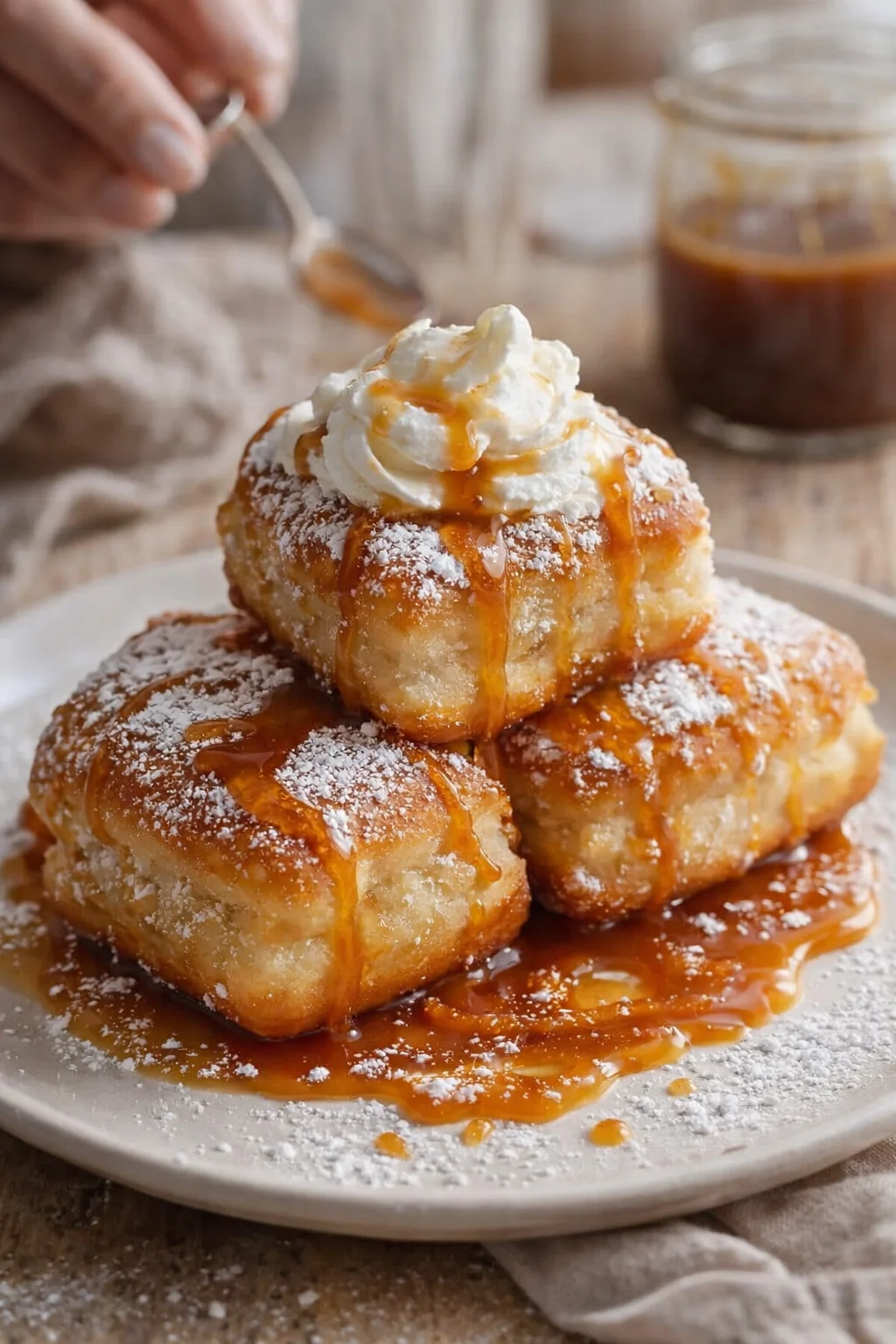 pile of caramel-drizzled beignets stacked on a plate, dusted with powdered sugar, topped with whipped cream