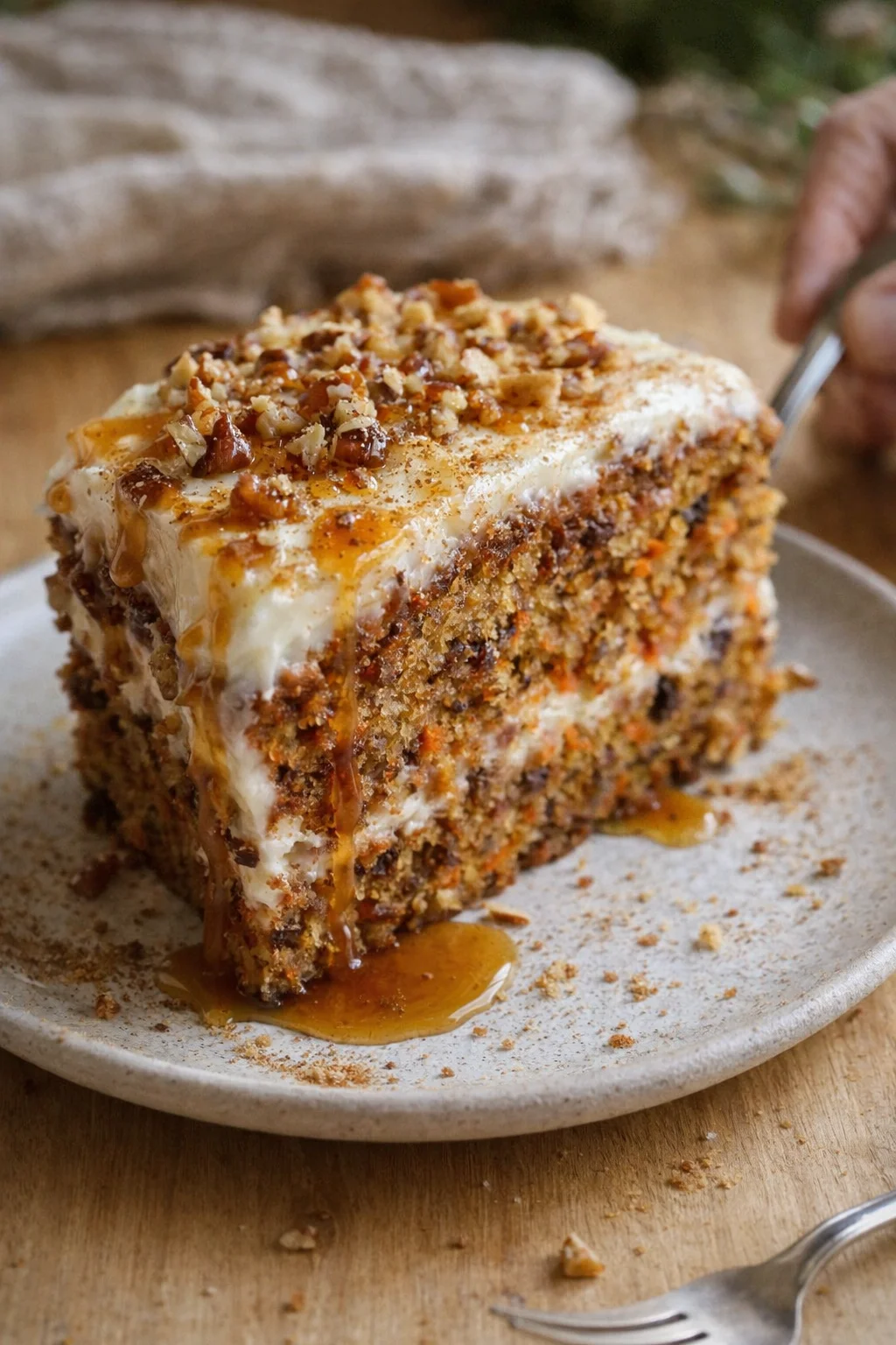 Slice of carrot cake with cream cheese frosting, chopped nuts, caramel drizzle on a beige plate