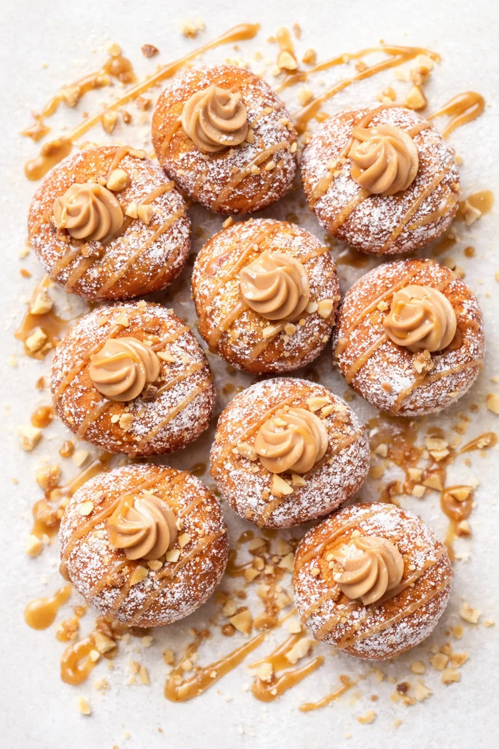 Golden mini donuts dusted with powdered sugar, topped with caramel swirl and chopped nuts