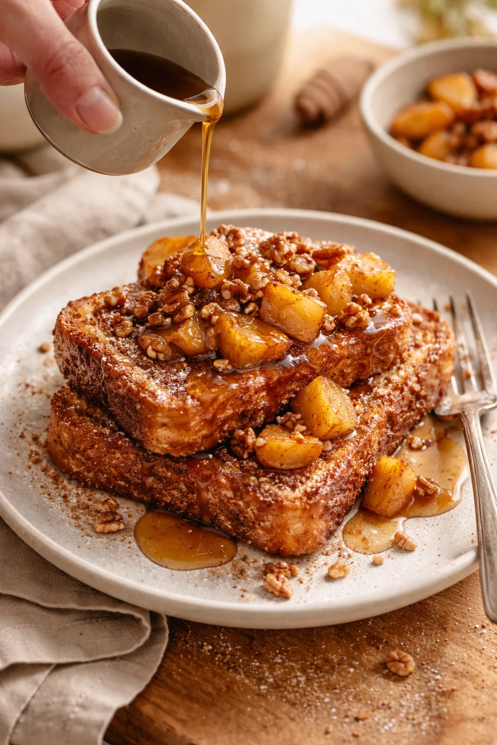 thick french toast stacked with caramelized apples and walnuts, being drizzled with syrup